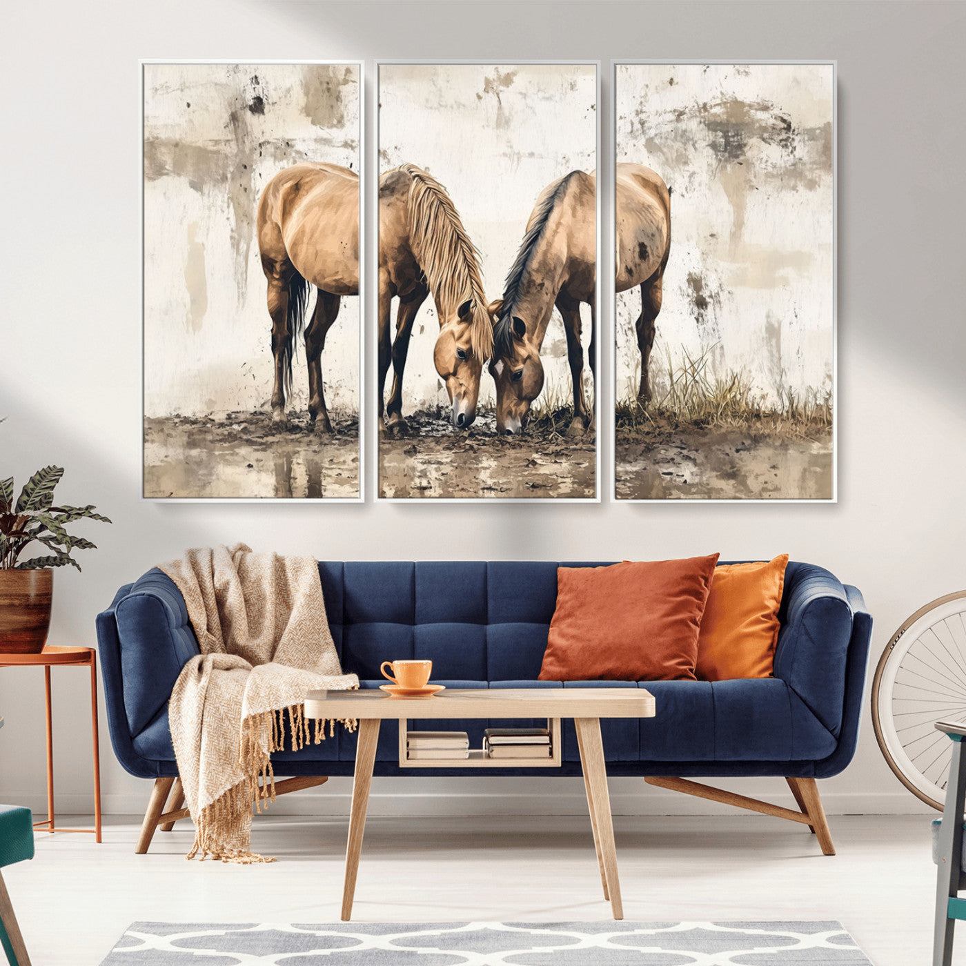-Vintage Horses Wall Art | Ready to Hang and Framed Triptych | Western Farmhouse Wall Decor for