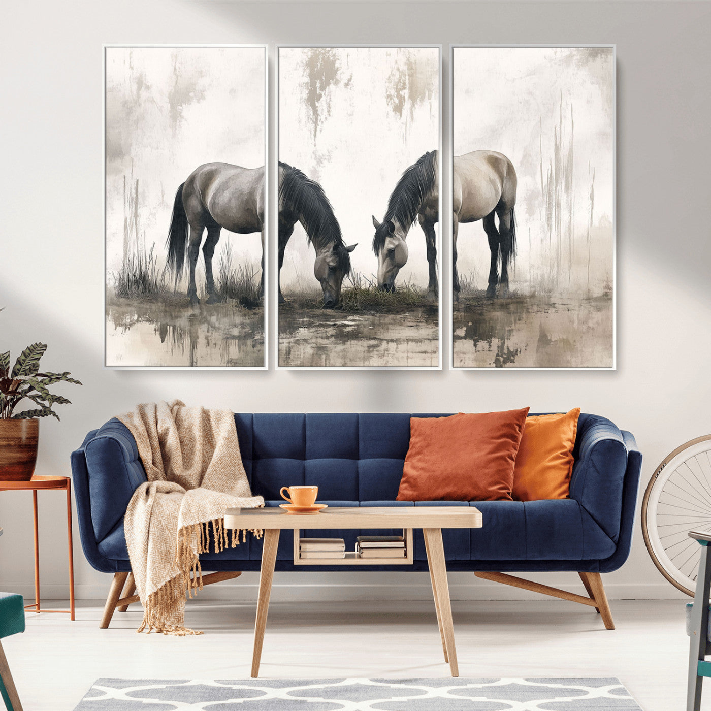-Chines Ink Style Vintage Horses Wall Art Canvas Print for Farmhouse Wall Decor