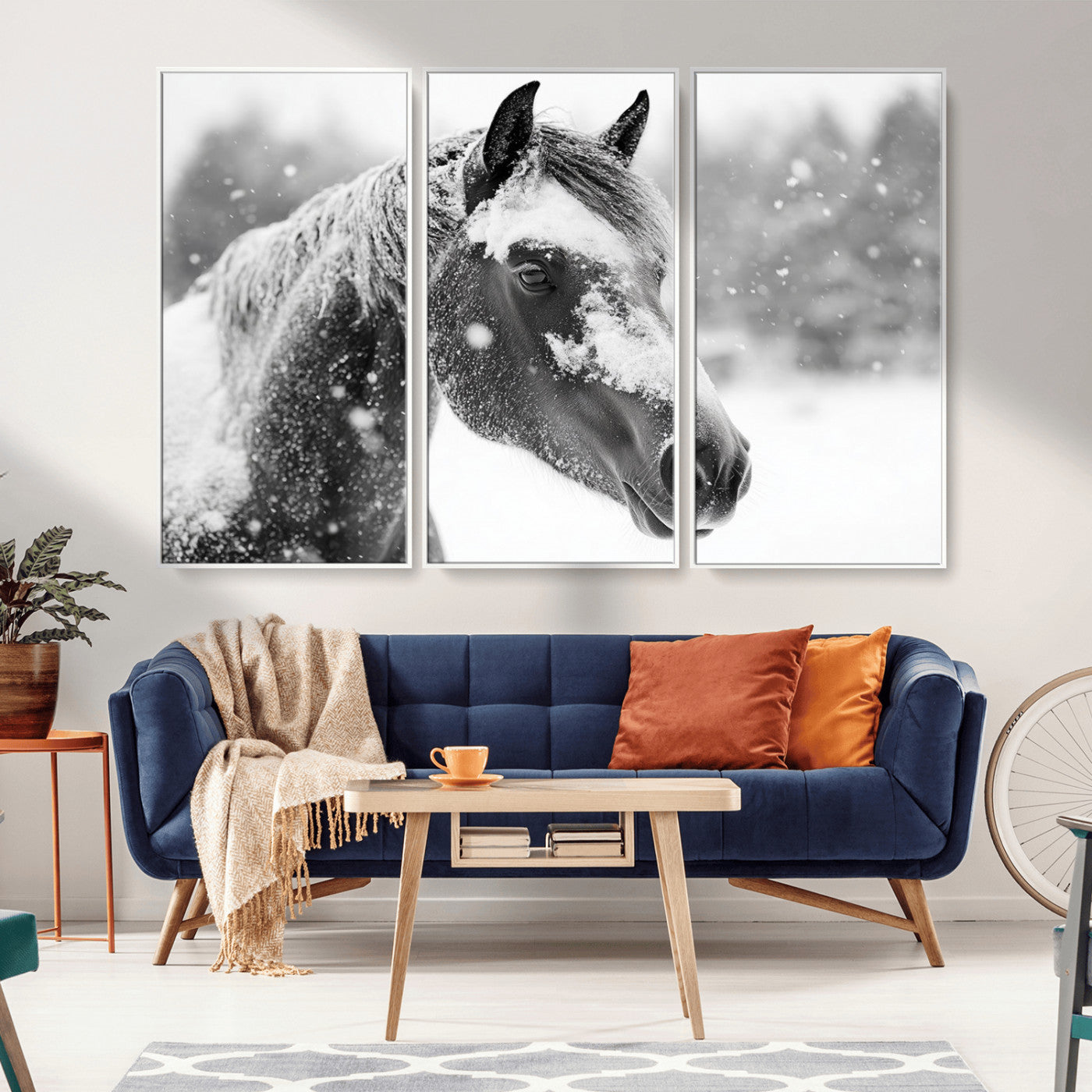 13358-MGV-FC-48X32-3P_White-Black Horse Winter Wall Art | Ready to Hang and Framed | Farmhouse and Western Wall Decor for Living Room