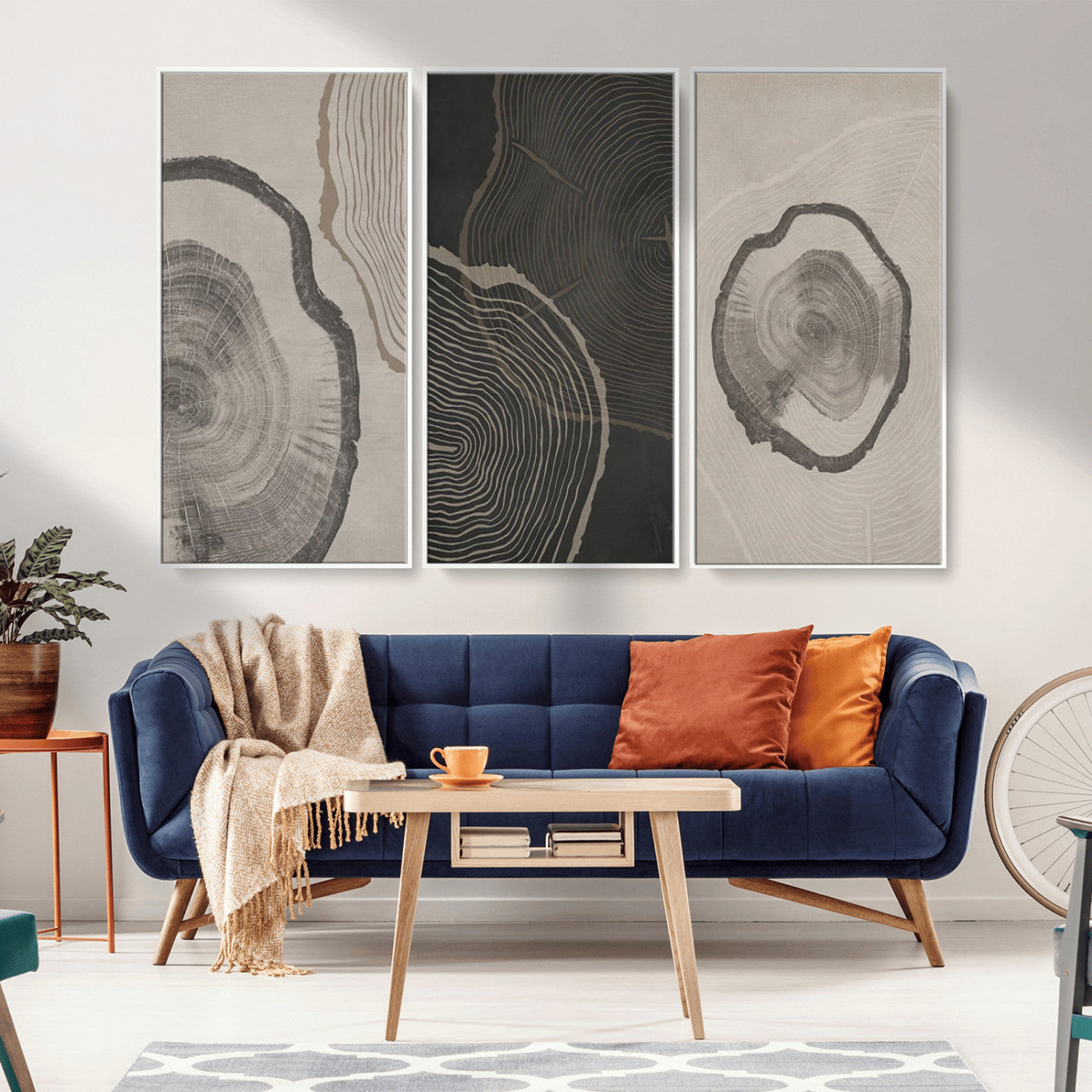 25407-MGV-CV-36X24-Modern Abstract Tree Ring Canvas Art Set | 3 Panel Large Tree Ring Design for Living Room, Office,