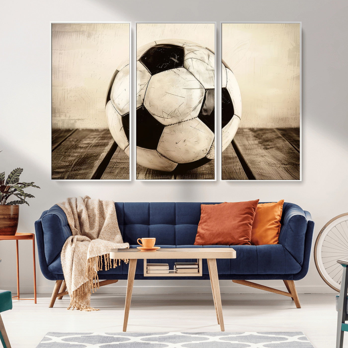 -Vintage Soccer Ball Wall Decor Canvas Art – 3-Panel Soccer Wall Decor, Framed and Ready to Hang