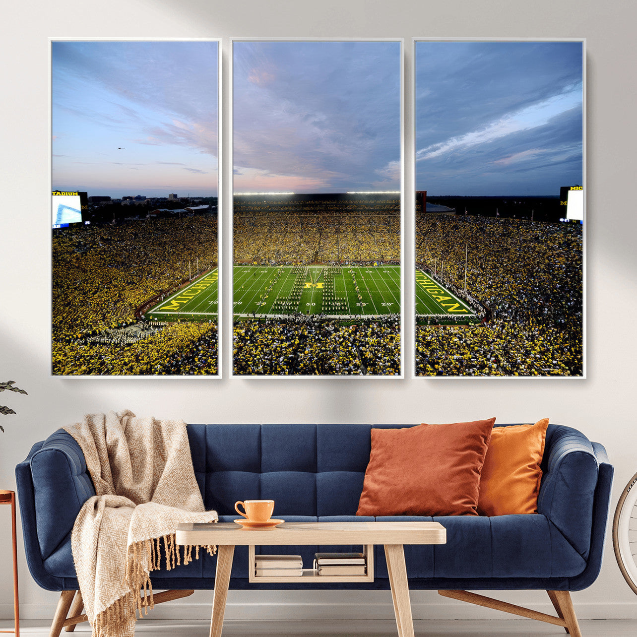82641-MGV-FC-48X32-3P - Michigan Stadium Wall Art Canvas Print, Vibrant Game Day Crowd and Sunset Sky Football Field Artwork for Home, Office