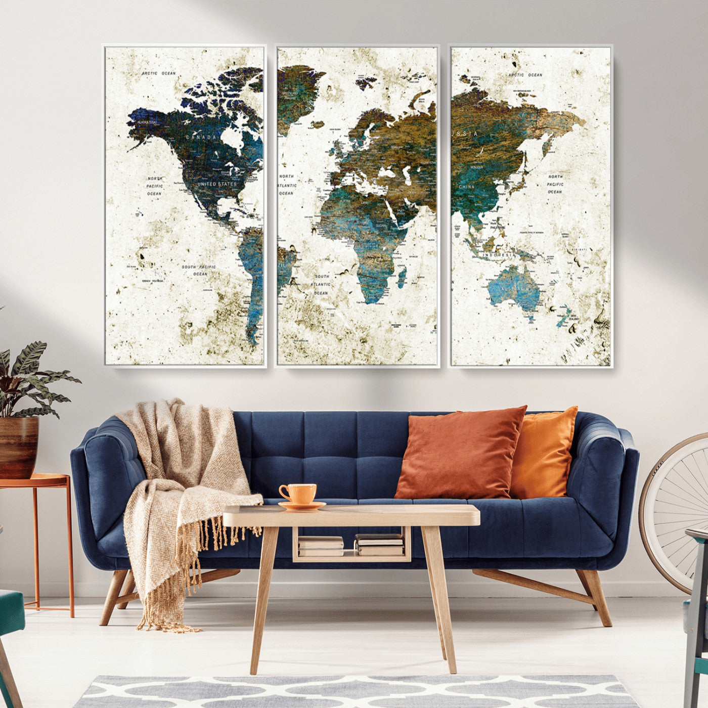 89176-MGV-CV-36X24-Vintage Blue and Brown World Map Canvas Wall Art – Framed Rustic Map Print, Earth Tone Travel Decor for Stylish Home and Office Walls