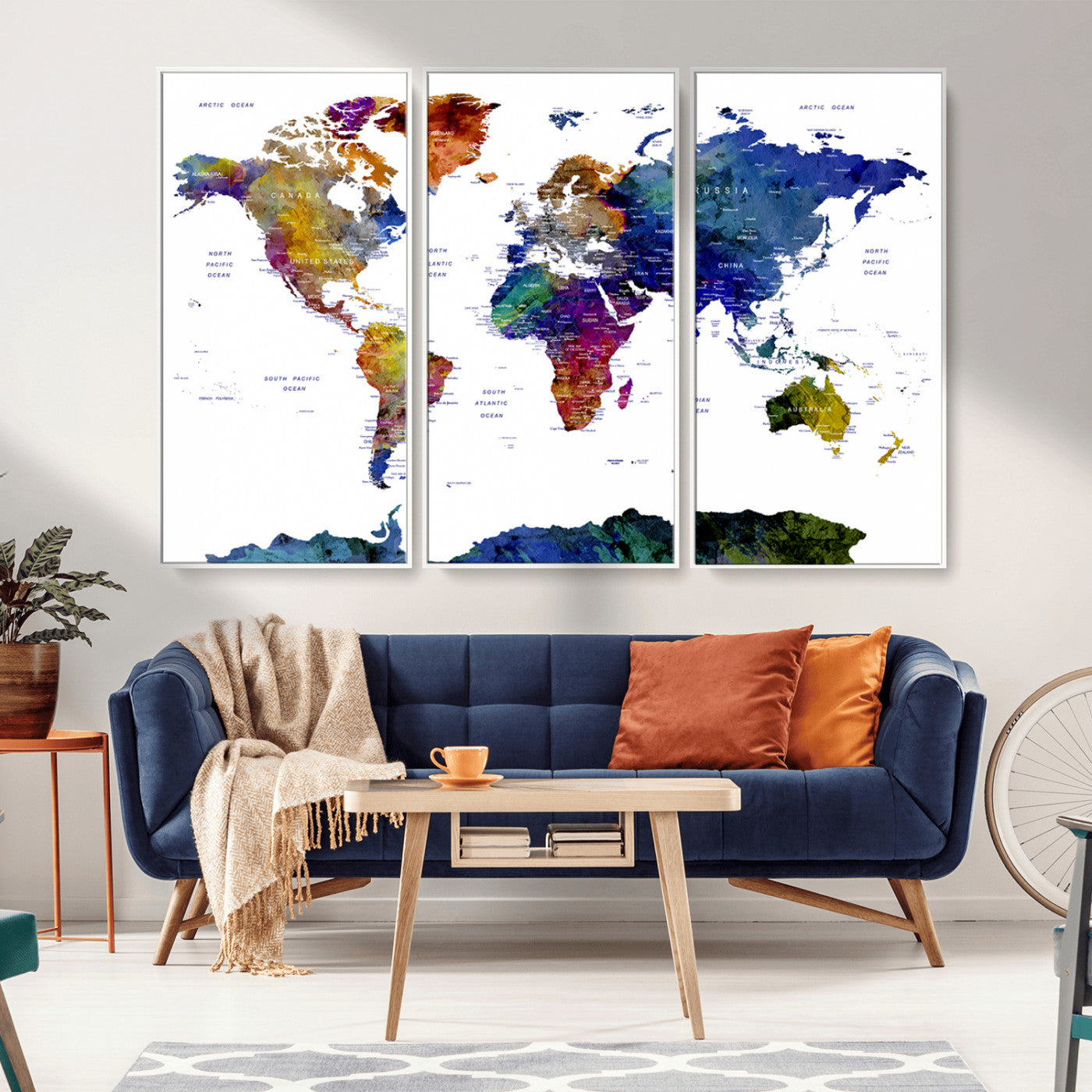 90446-MGV-CV-36X24-Colorful Watercolor World Map Canvas Wall Art – Framed Modern Push Pin Travel Map for Home and Office Decor