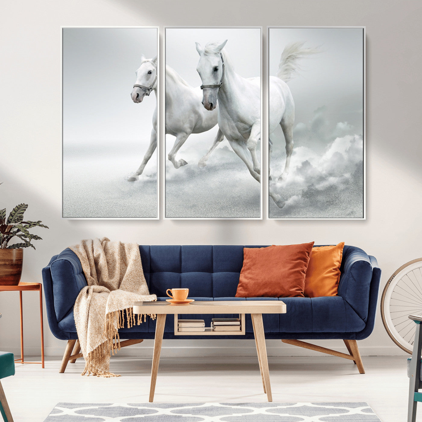 -Large Wall Art Canvas Print – Beautiful Running White Horses Animal Artwork for Home, Office, Living Room