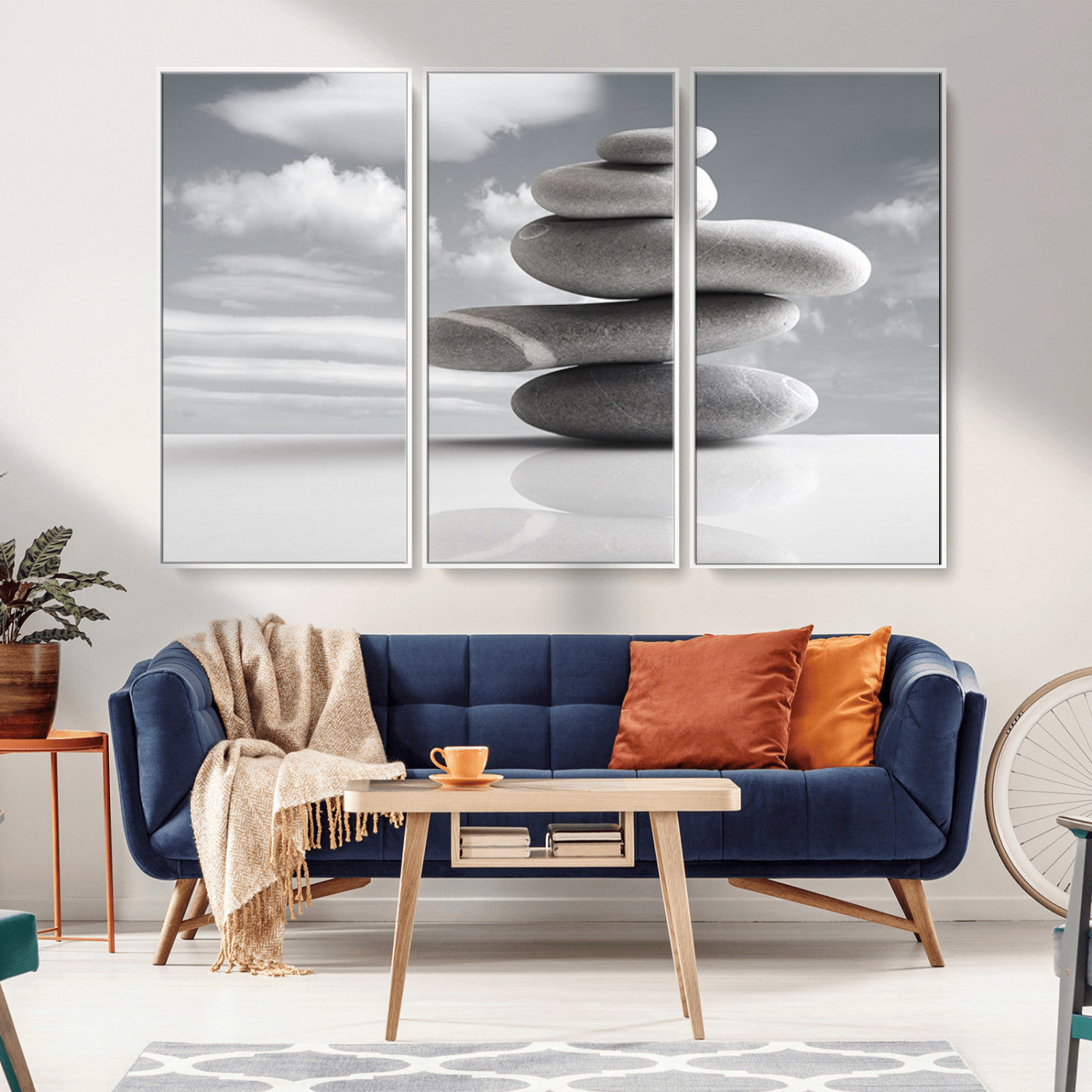 -Still Life Black and White Zen Stones Wall Art Canvas, Framed Black and White Zen Stones Canvas