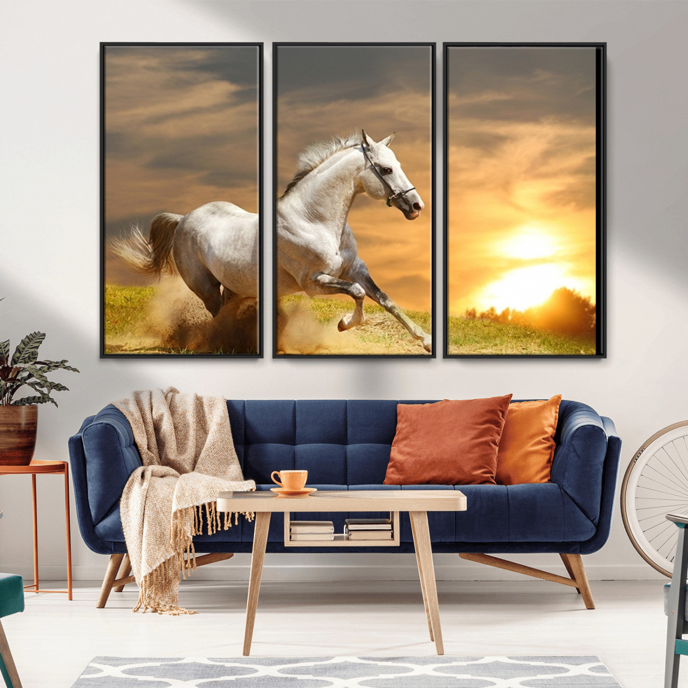 -Large Wall Art Galloping White Horse at Sunset Canvas Print