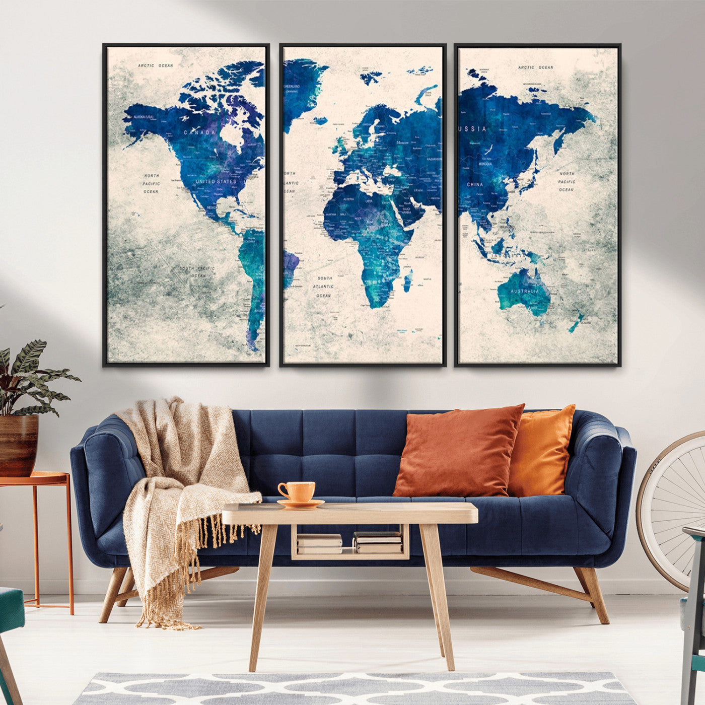 43947-MGV-CV-36X24-Blue Watercolor World Map Canvas Print – Framed Modern Wall Art, Elegant Push Pin Travel Map Decor for Home Office or Living Room