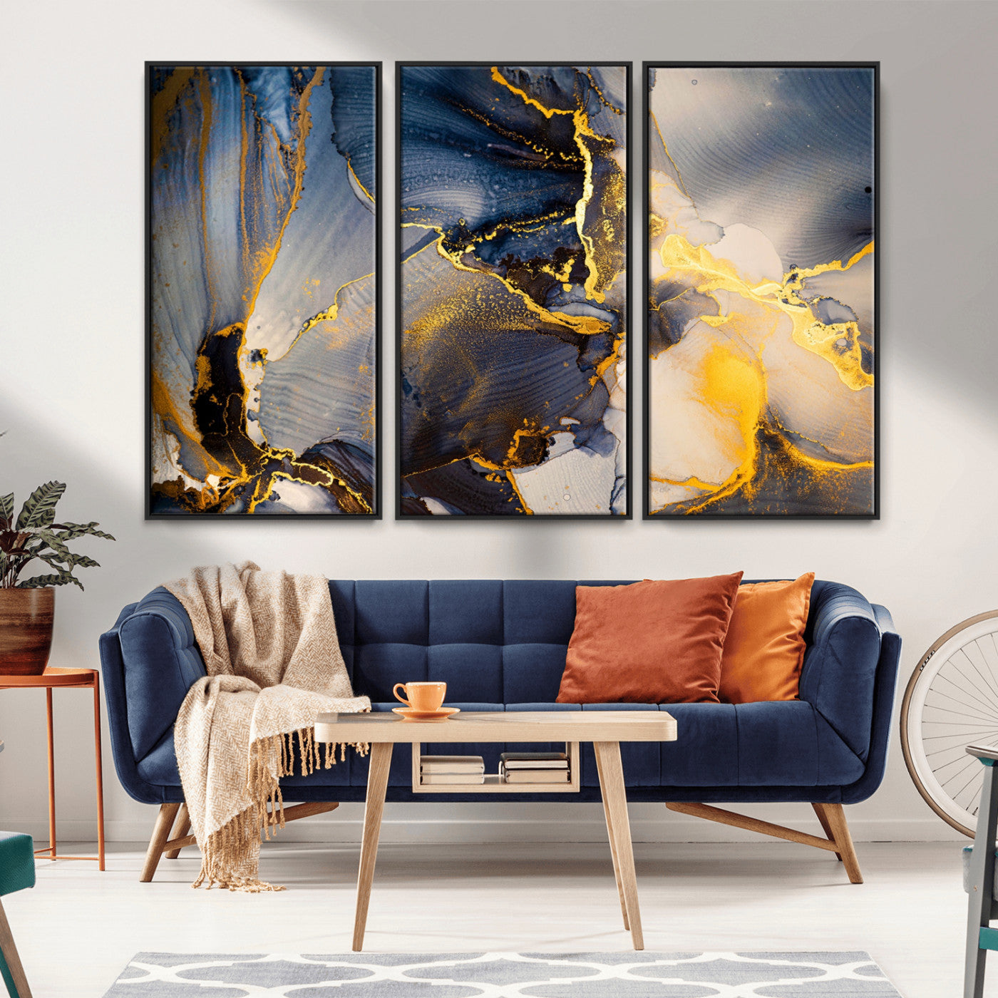 42100-MGV-CV-36X24-Large Abstract Wall Art Print - Gold and Blue Abstract Canvas Wall Art | Fluid Ink Modern Luxury