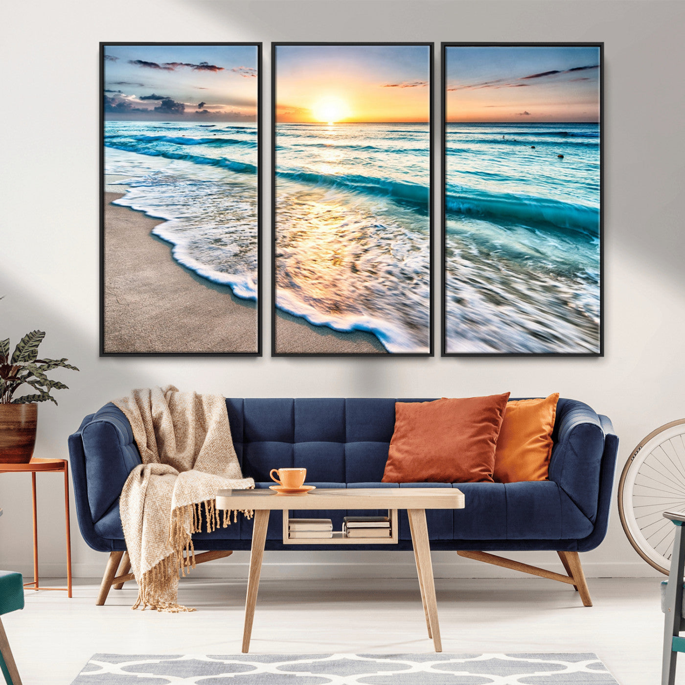 27815-MGV-FC-48X32-3P_Black-Sunset Beach Waves Canvas Wall Art – 5-Panel Ocean Sunset Print – Coastal Decor for Living Room or