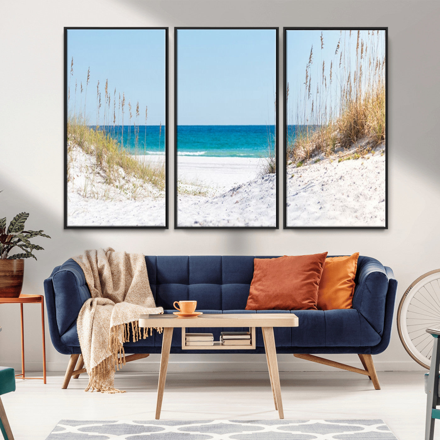 -Serene Coastal Dune Path with Ocean View, 3-Panel Beach Canvas Wall Art, Tranquil Seascape Giclee