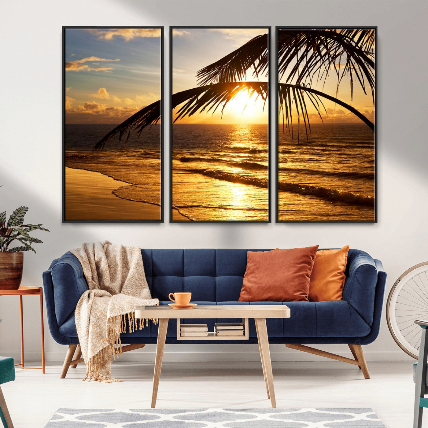 -Golden Tropical Beach Sunset Canvas Triptych, Coastal Palm Tree Wall Art, Ocean Shoreline Giclee