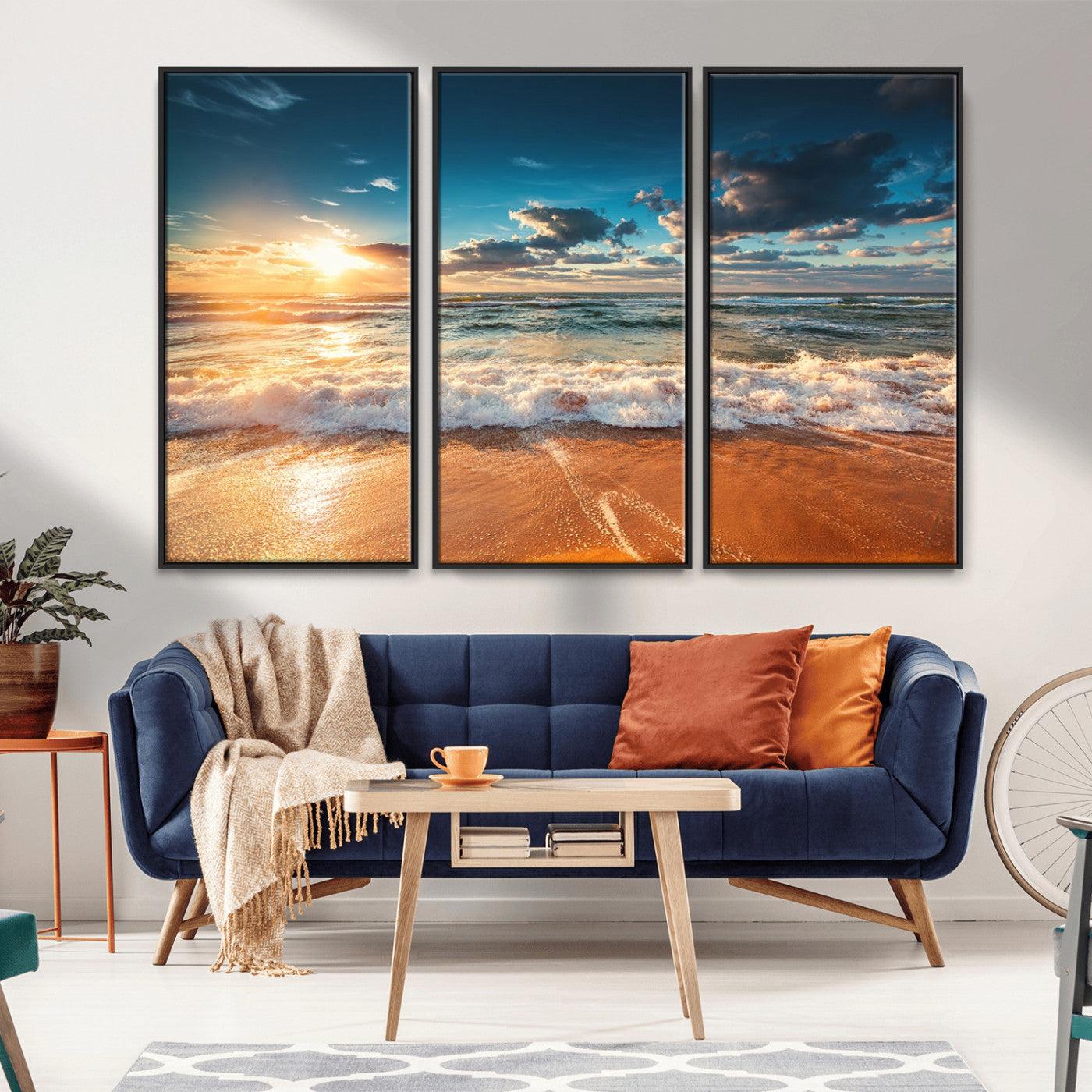 -Golden Sunset Beach Triptych Canvas Art, Giclee Coastal Wall Decor, Ocean Waves Print, Modern Beach