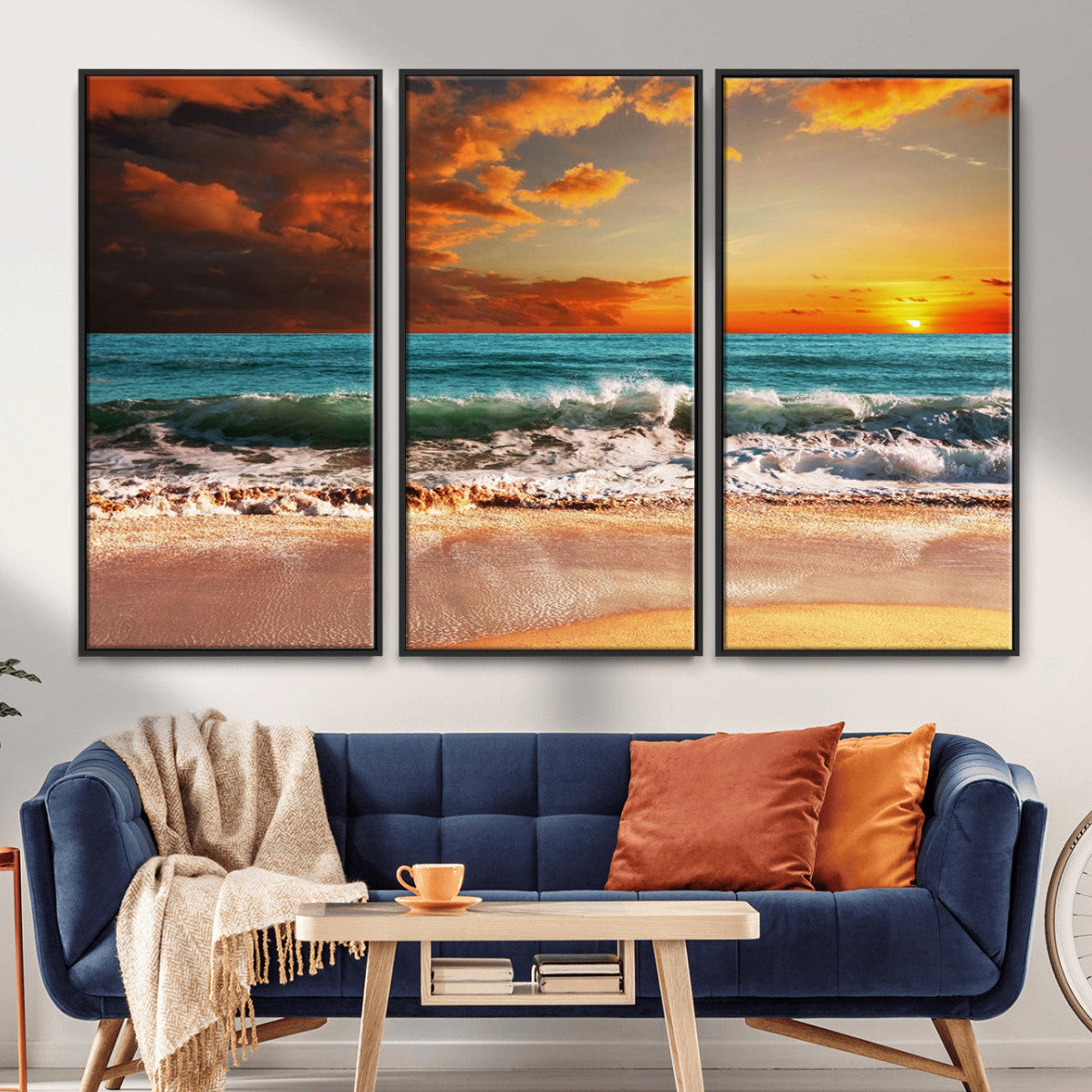 72948-MGV-CV-36X24-Golden Sunset Beach Canvas Wall Art – Triptych Seascape Print – Framed and Ready to Hang for Living