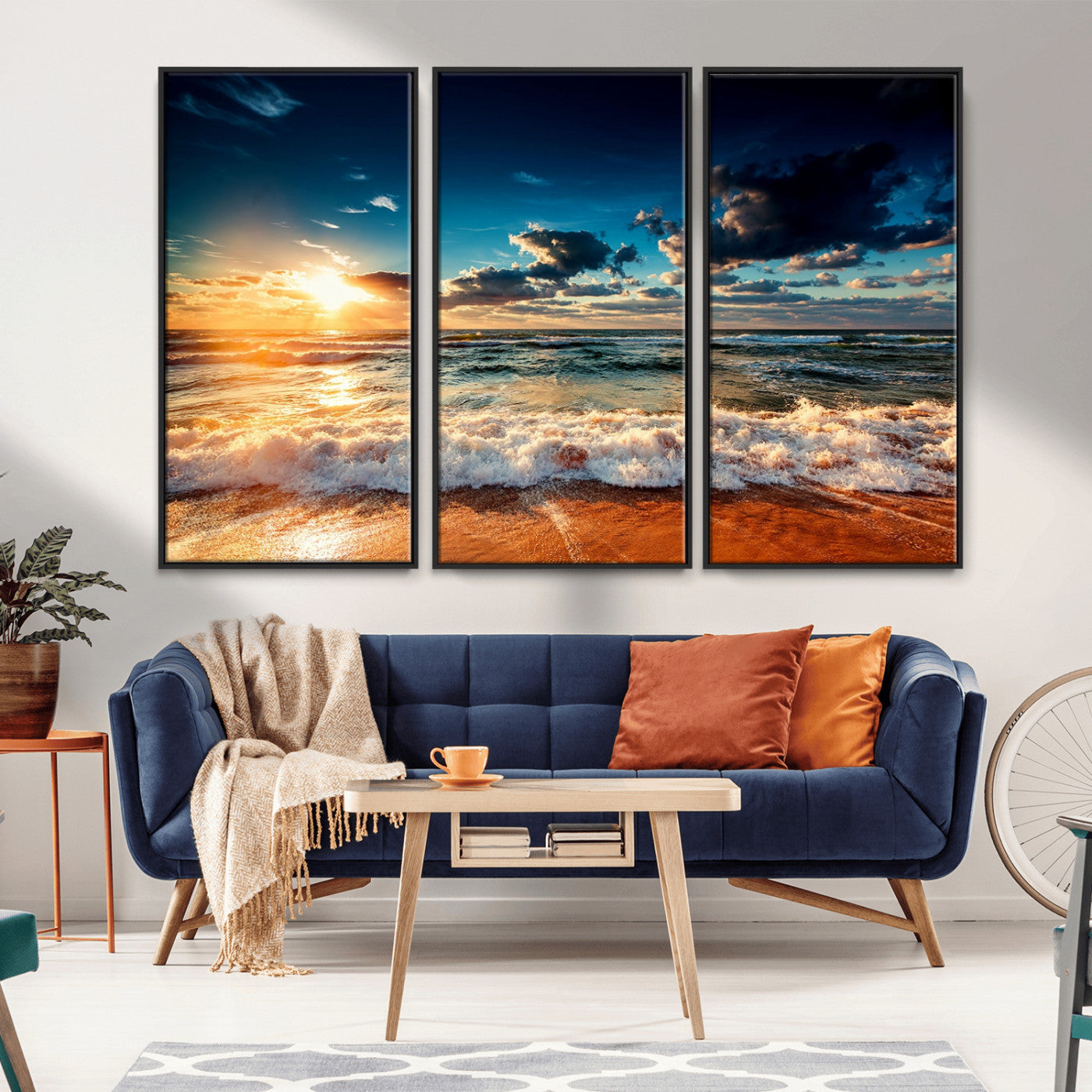 -Golden Hour Sunset Over Ocean Waves Wall Art Canvas Print | 3 Panel Coastal Landscape Canvas Wall