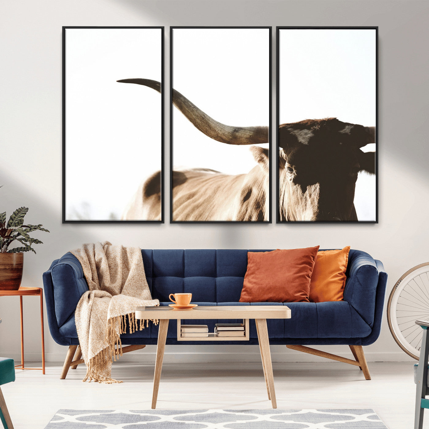 35866-MGV-CV-36X24-Texas Longhorn Wall Art Canvas Print | 3-Panel Large Longhorn Canvas Print for Living Room, Framed