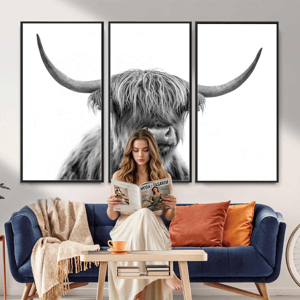 75503-_Poster-30x20 - Scottish Highland Cow Cattle Art Print Wall Art Canvas Print for Farmhouse Decor, Framed Scottish