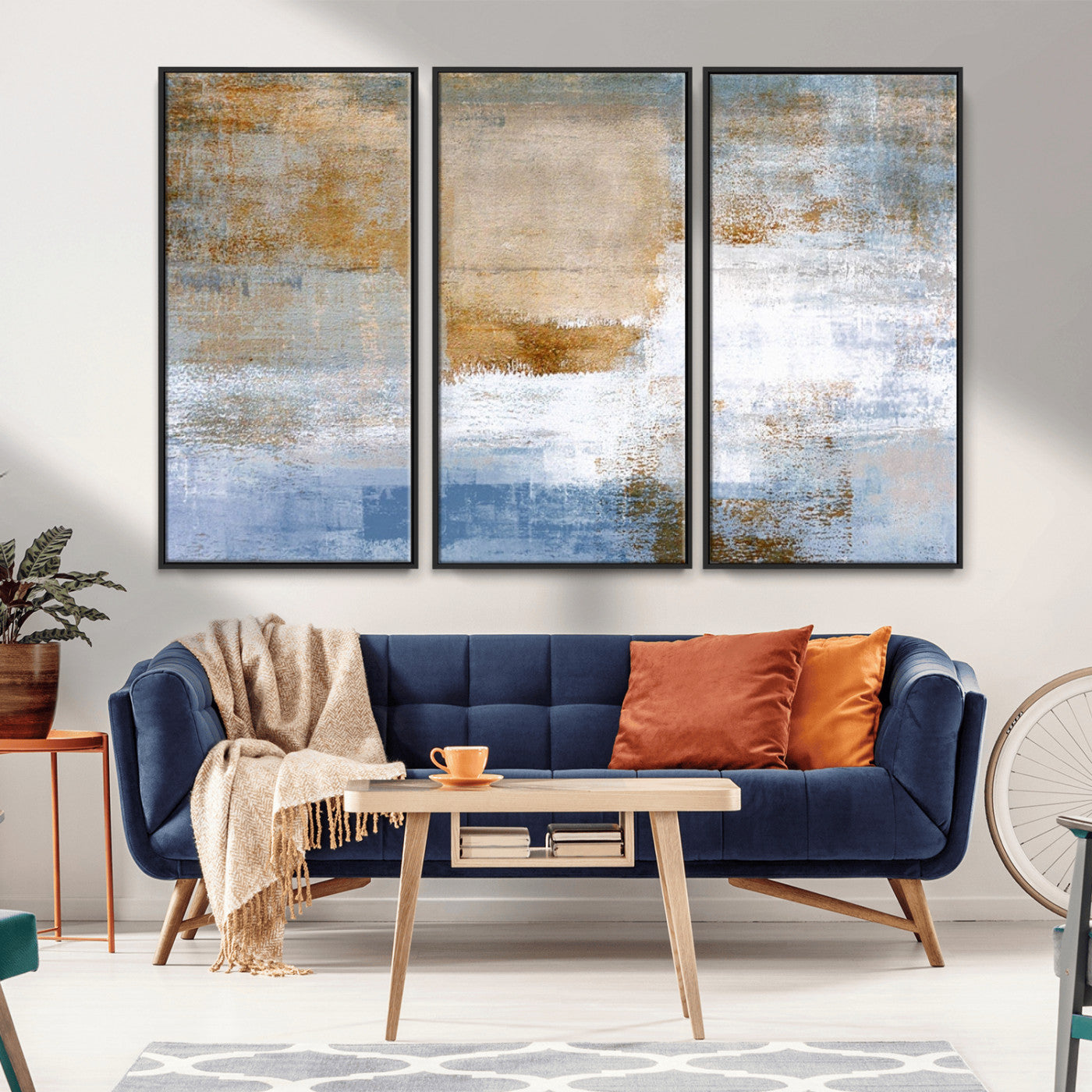 72354-MGV-CV-36X24-Blue Multi Panel Abstract Wall Art Canvas, Abstract Blue and Gold Canvas Print
