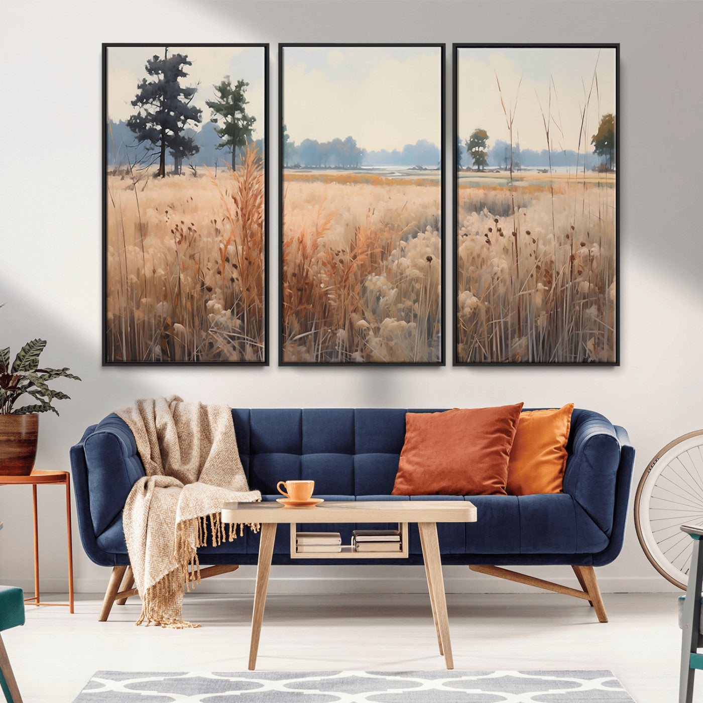 98822-MGV-FC-48X32-3P_Black-Golden Fields Canvas Wall Art Print – Serene Landscape of Nature’s Tranquility in Minimalist Modern