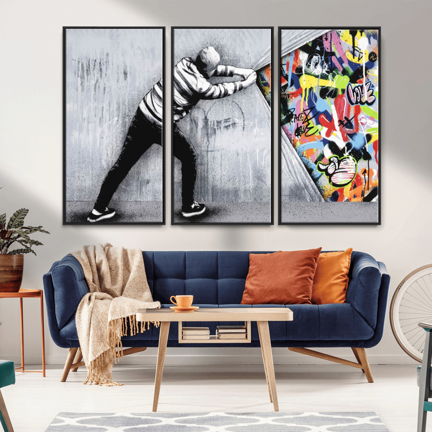 52252-MGV-FC-48X32-3P_Black-Banksy Art Behind the Curtain Street Wall Art Canvas Print | 3-Panel Urban Graffiti-Inspired Wall