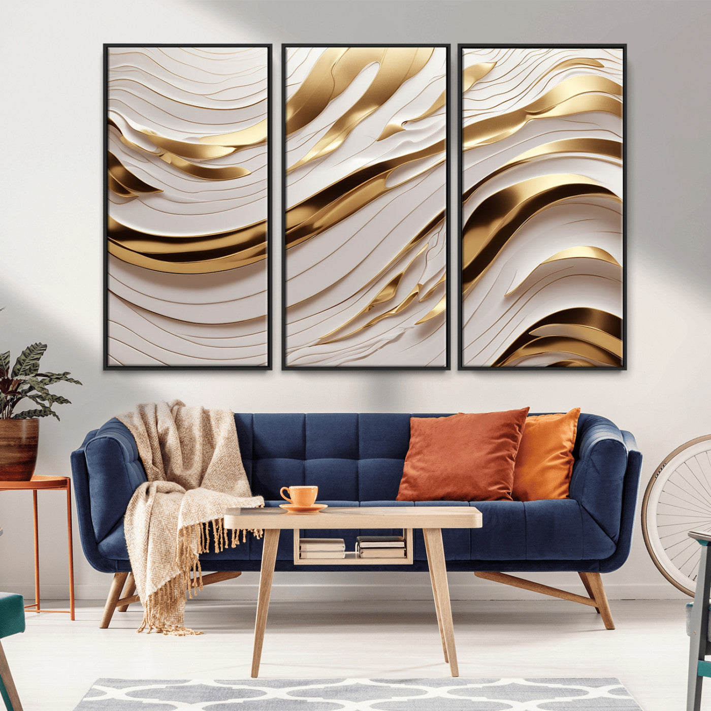 81197-MGV-CV-36X24-Gold and White Abstract Wave Canvas – Elegant Flowing Design with Luxurious Golden Accents –