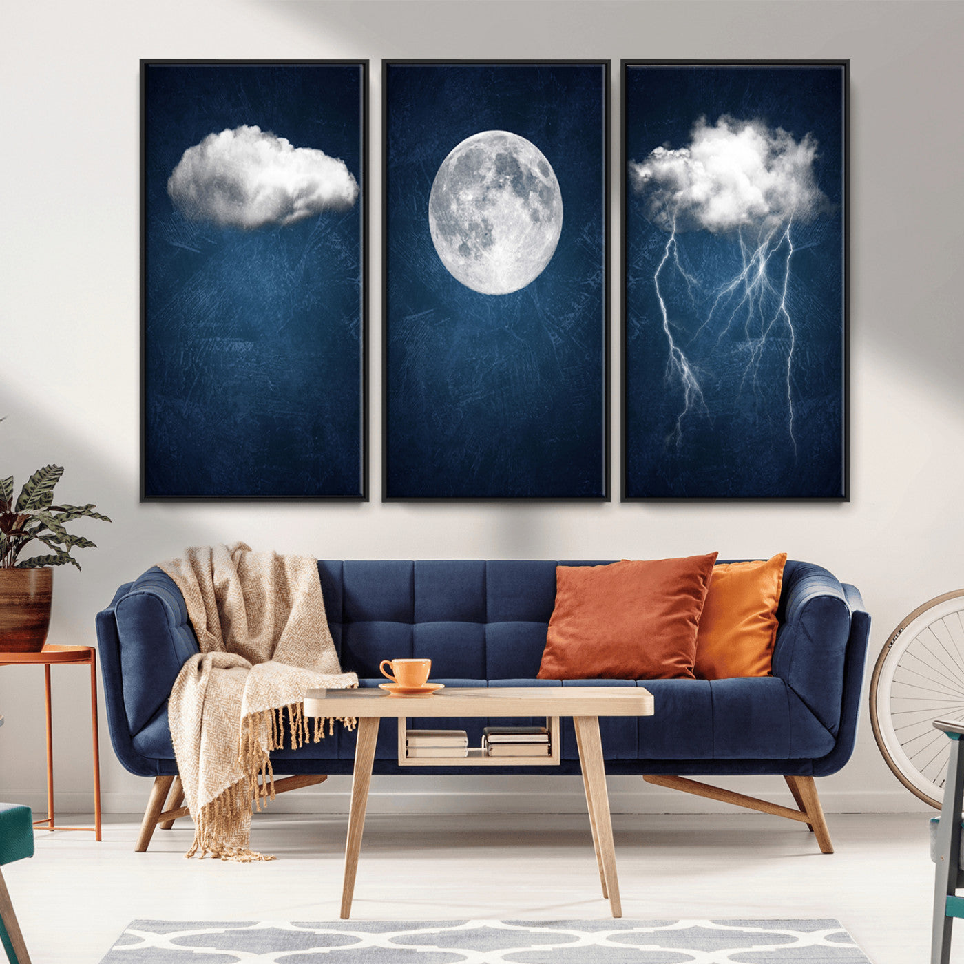 96569-MGV-FC-48X32-3P_Black-Dark Blue Cloud Art, 3 Piece Indigo Blue Wall Art, Aesthetic Surreal Art, Thunderstorm Moon Cloud