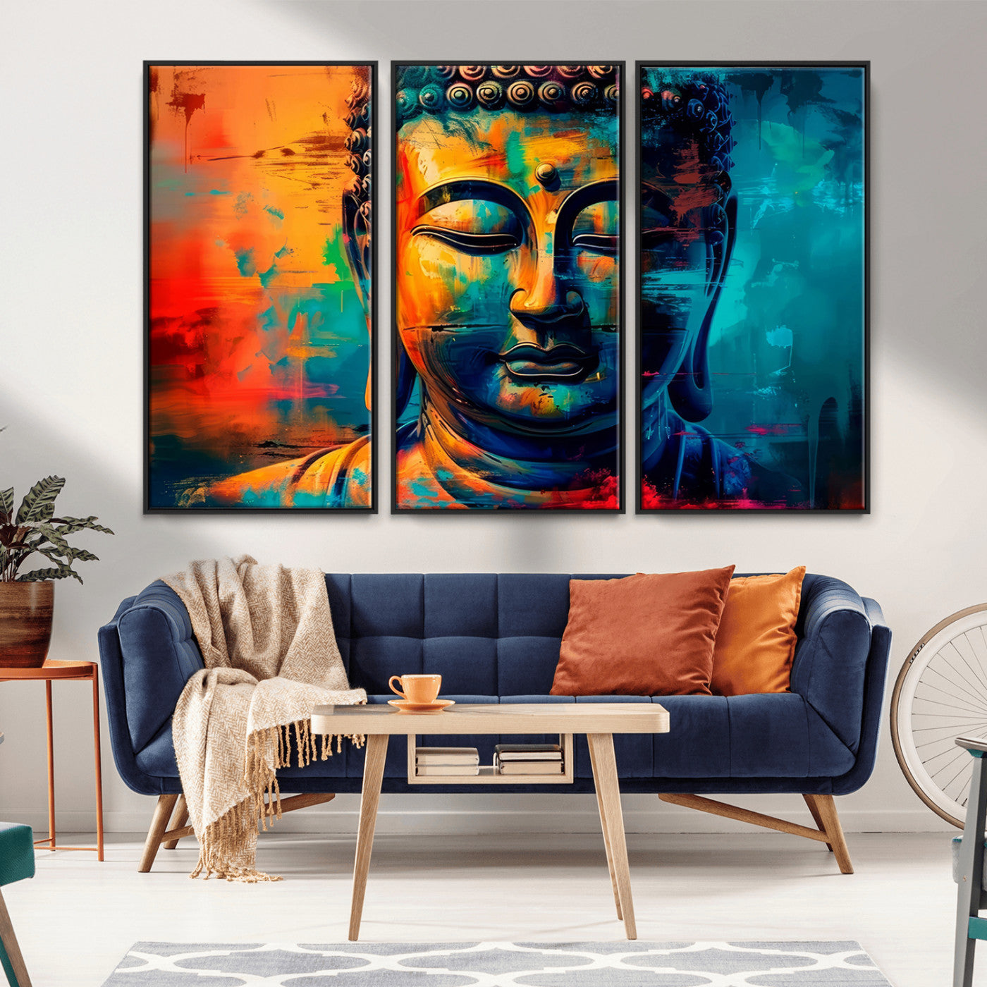 A vibrant, abstract artistic rendition of a Buddha statue face, blending bold and contrasting colors to evoke a sense of peace, spirituality, and enlightenment.