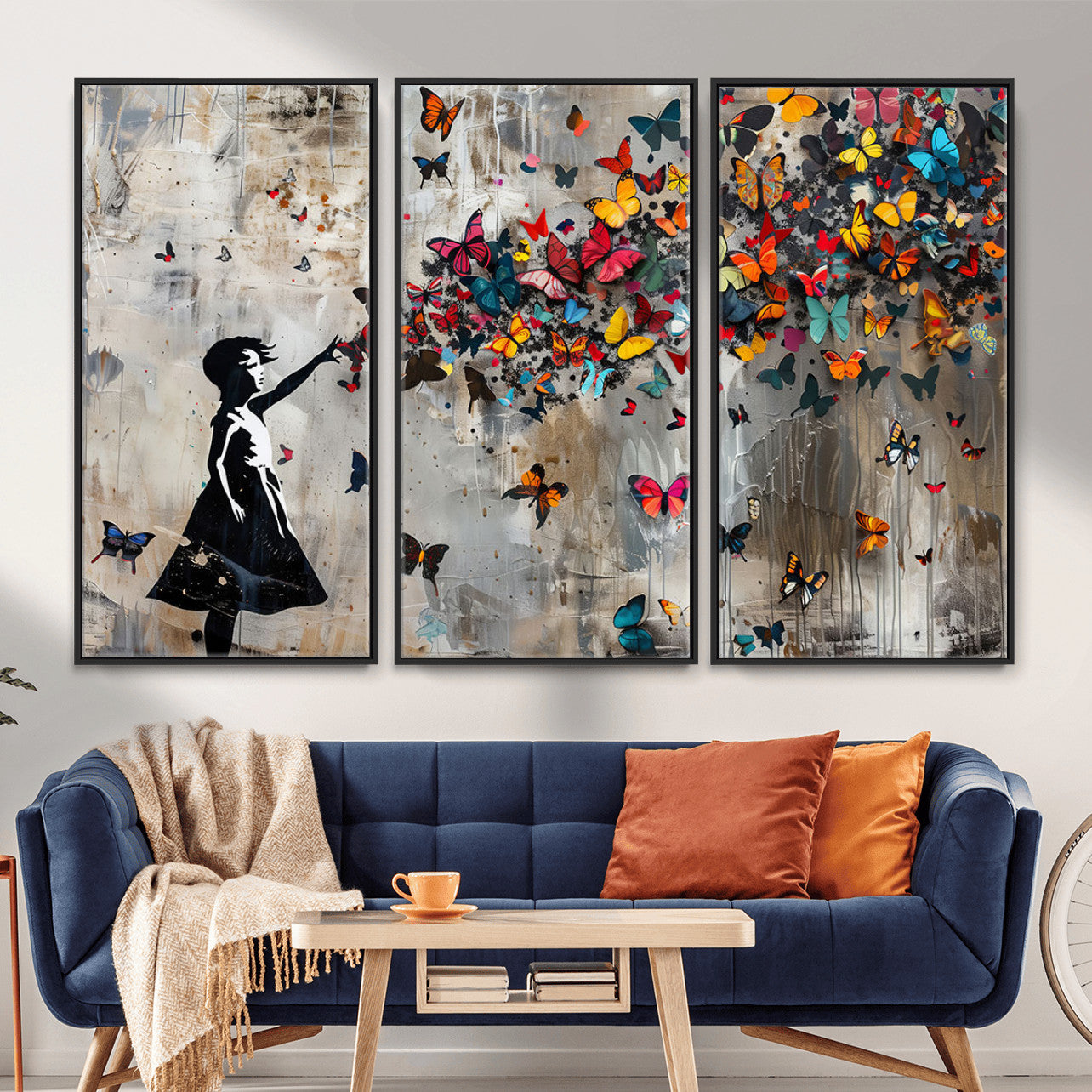 51446-MGV-CV-36X24 - Banksy Butterfly Girl Wall Art | 3-Piece Butterfly Girl Canvas