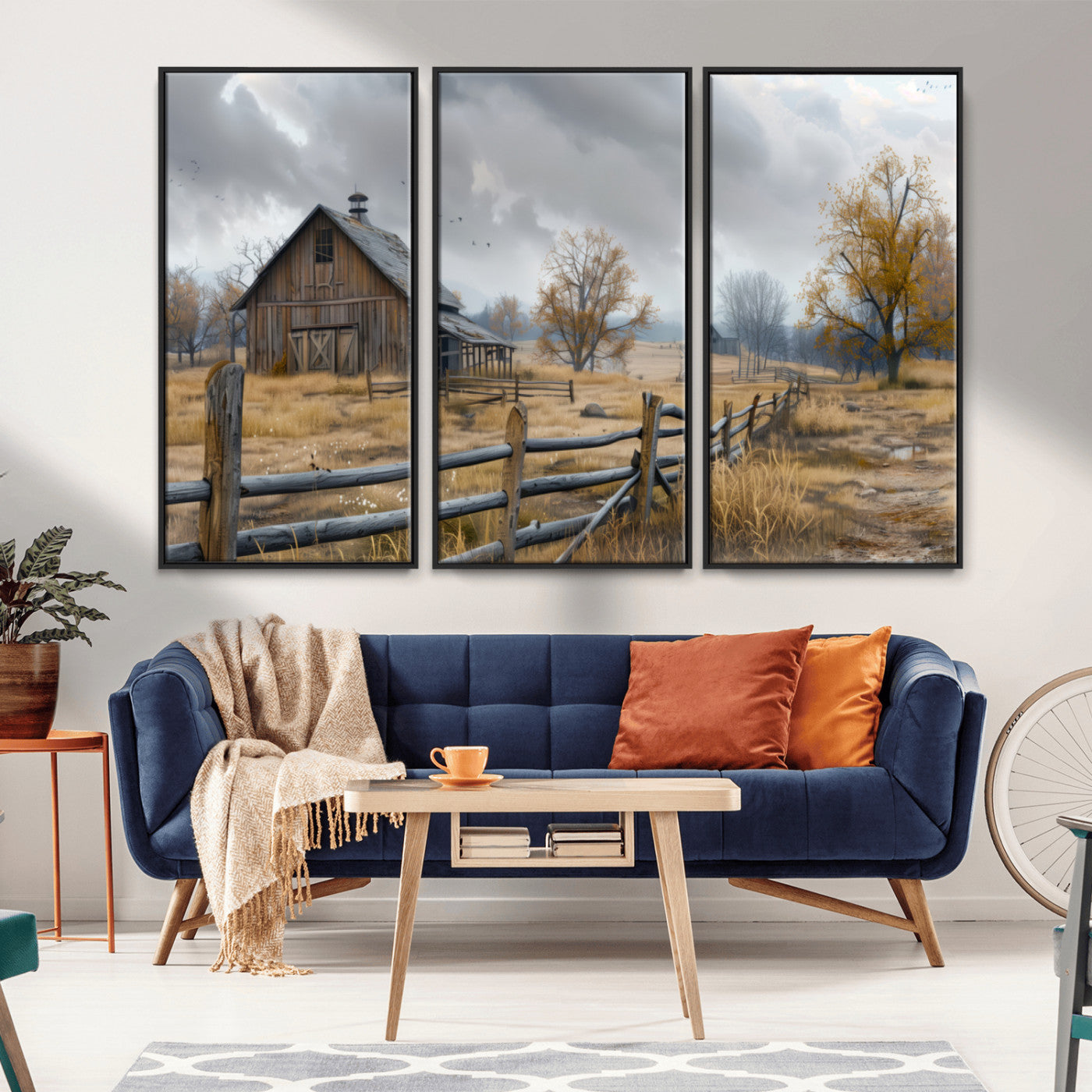 Farm1-MGV-CV-36X24-Rustic Autumn Farmhouse Wall Art Canvas Print – Serene Countryside Scene with Weathered Barn and