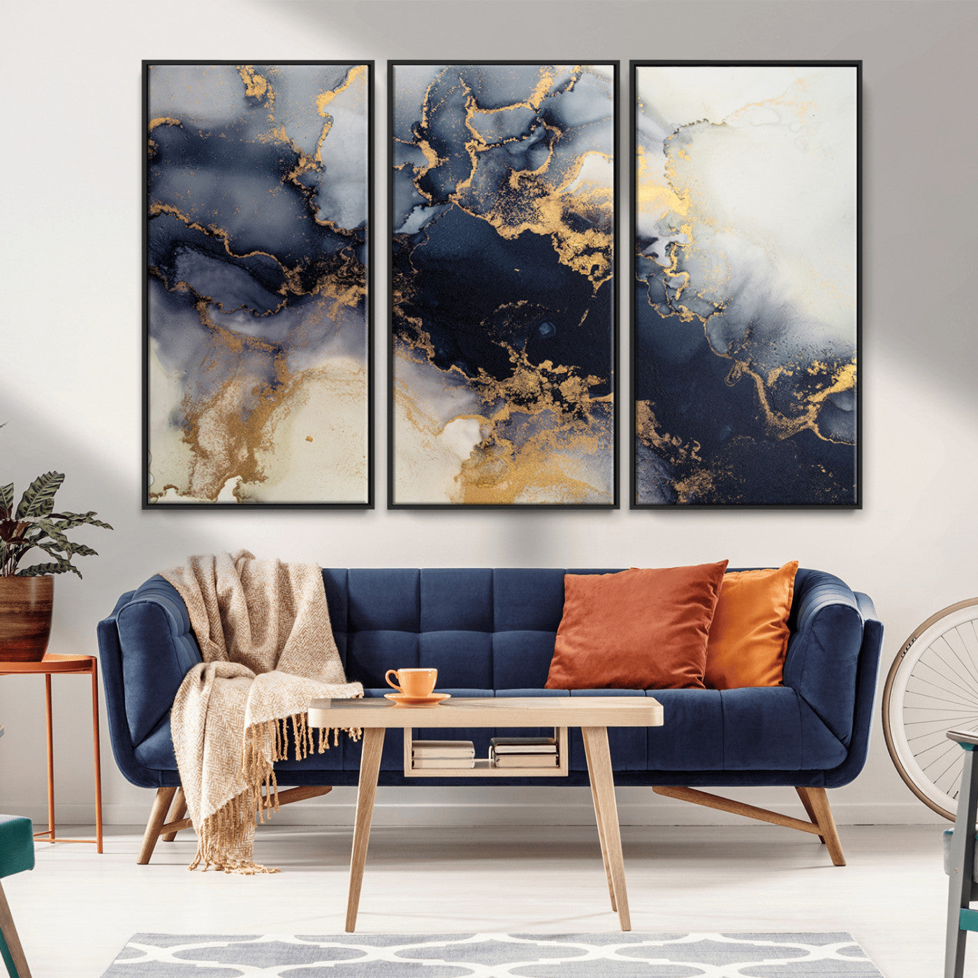 41136487-MGV-FC-48X32-3P_Black-Black Marble Wall Art Canvas Print – Framed Abstract Gold Veins Elegant Luxury Design Decor for Home, Office