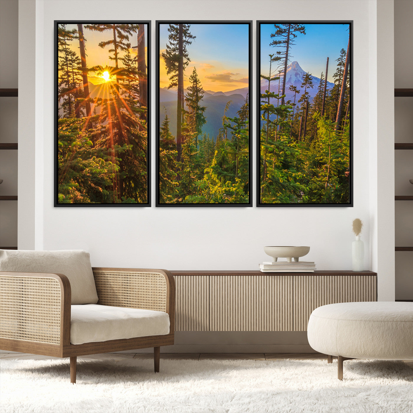 83544043-MGV-FC-48X32-3P-Forest Sunset Wall Art Canvas Print, Framed Sunset Trees Art Picture Print, Green Pines Perfect
