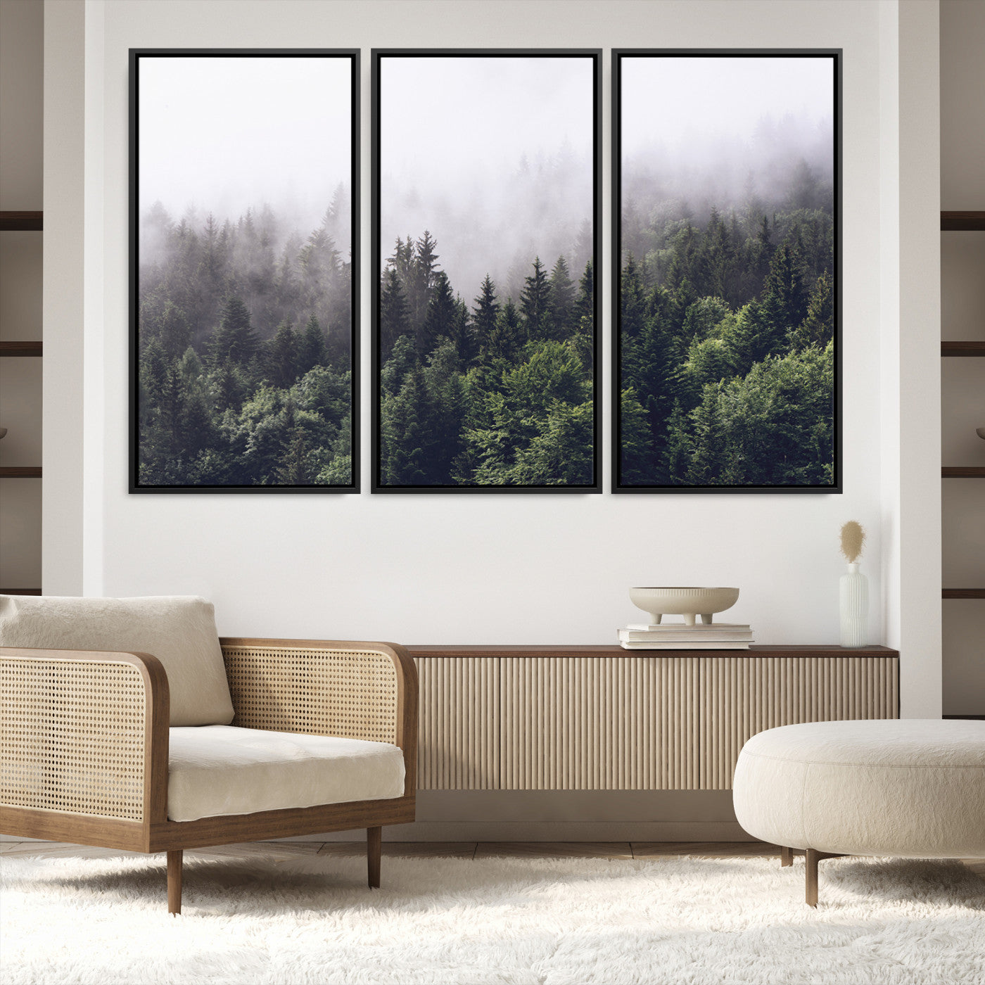 62890402-MGV-FC-48X32-3P-Misty Forest Wall Art Canvas Print, Framed Foggy Pines Art Picture Print, Pine Valley Perfect Moody