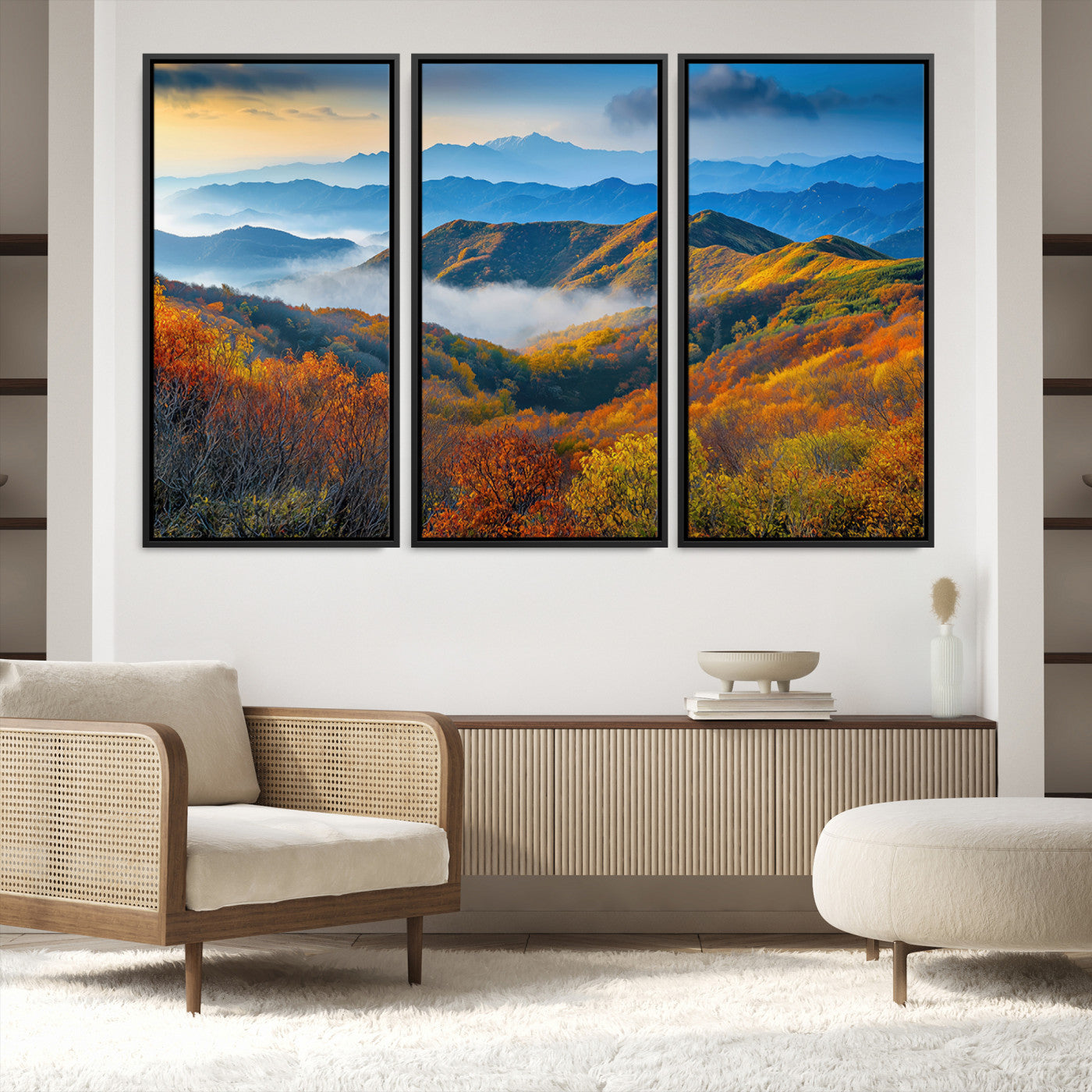86772247-MGV-FC-48X32-3P-Autumn Mountains Wall Art Canvas Print, Autumn Mountain Foggy Landscape Wall Art Canvas Print,