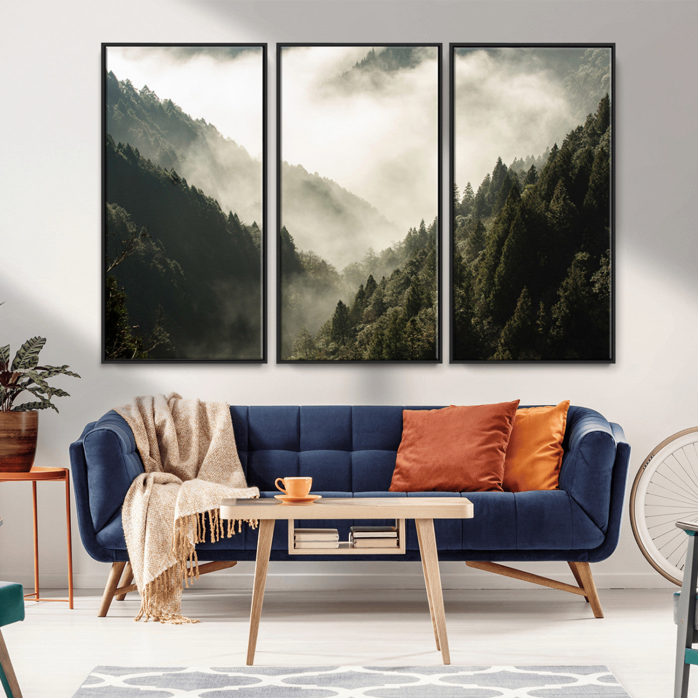 Canvas showing a misty pine forest valley with layered green hills and soft fog, perfect for moody or nature-themed decor styles.