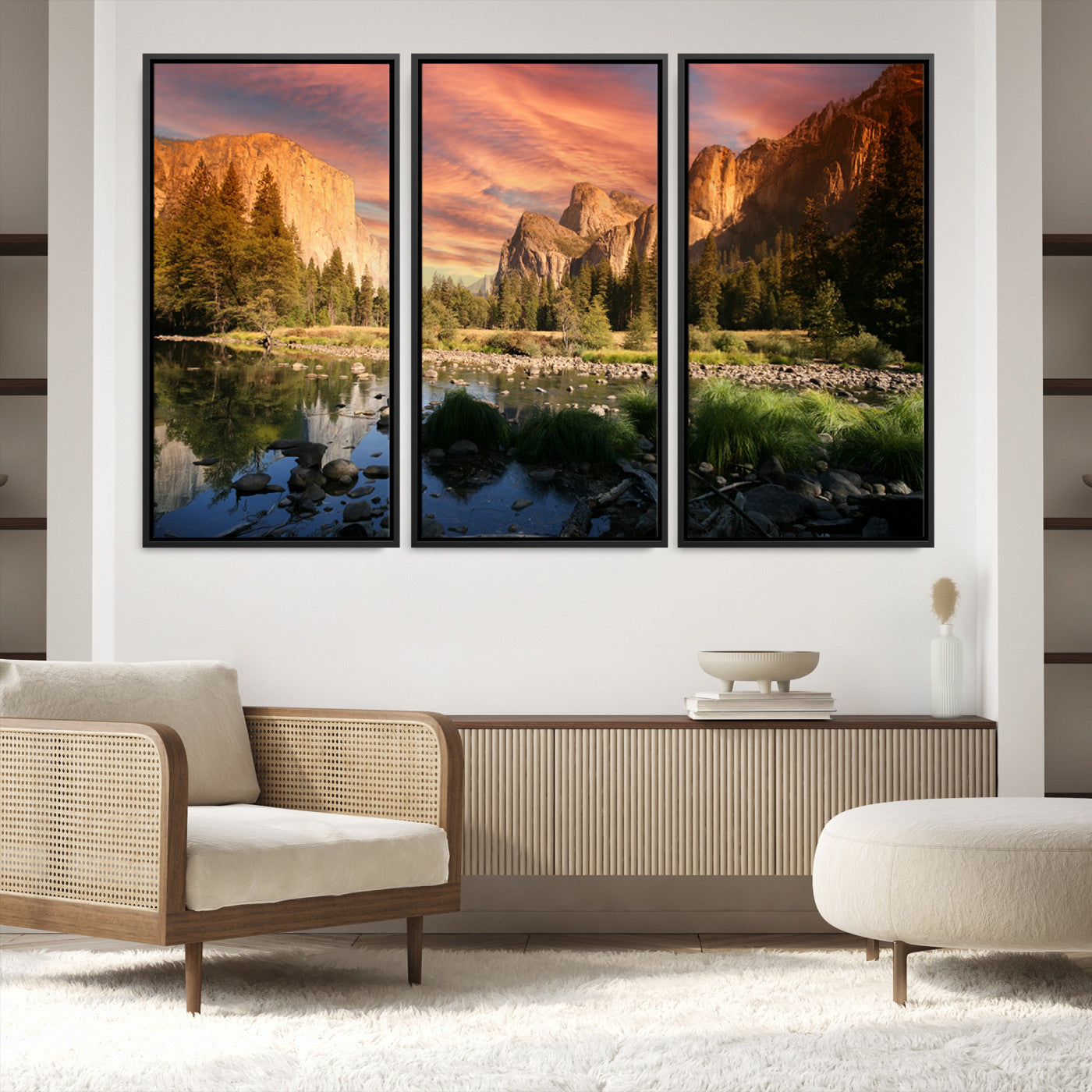 31199457-MGV-FC-48X32-3P-Yosemite Valley Canvas Wall Art, Framed El Capitan Art Picture Print, Sunset Sky Perfect Vibrant