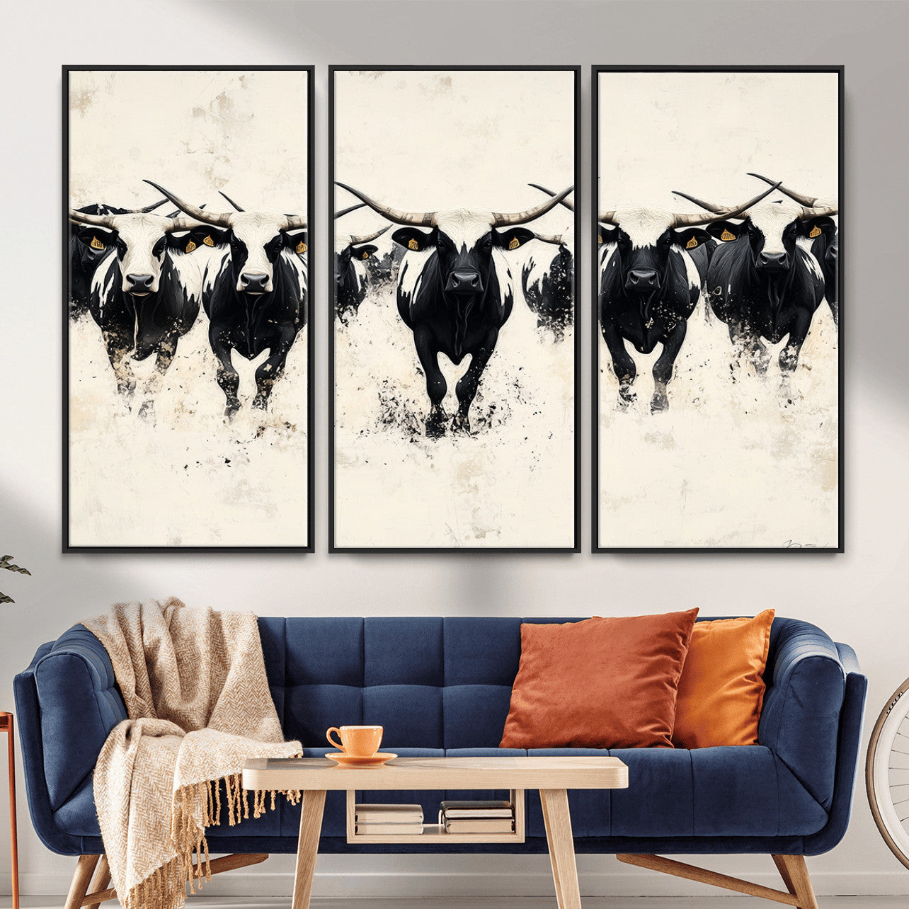 MGV-FC-48X32-3P - Longhorn Cattle Wall Art – Canvas Print of Herd in Motion, Symmetry and Ink Splatter, Minimalist Western Ranch, Bold Rustic Farm Decor