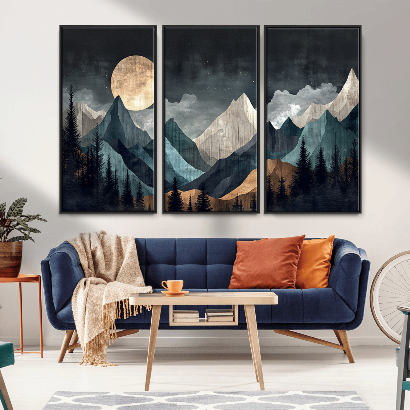 11060882-MGV-CV-36X24-Moonlit Mountain Wall Art Canvas Print – Silhouetted Pines Layered Peaks Tranquil Sky Mist Silver Light Nature Artwork for Home