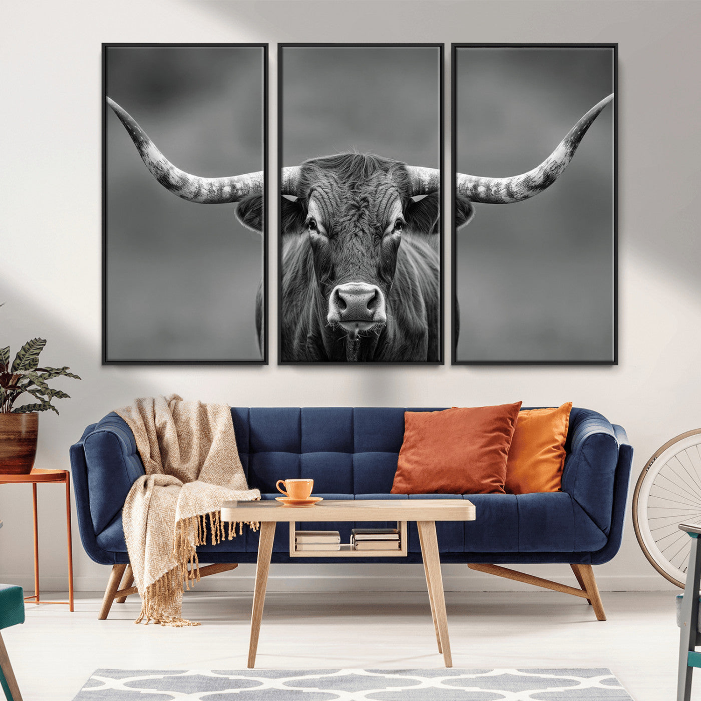 81228550-MGV-CV-36X24-Texas Longhorn Wall Art Canvas Print – Framed Western Bull Ranch Photography Rustic Country Farm Decor Artwork for home, office