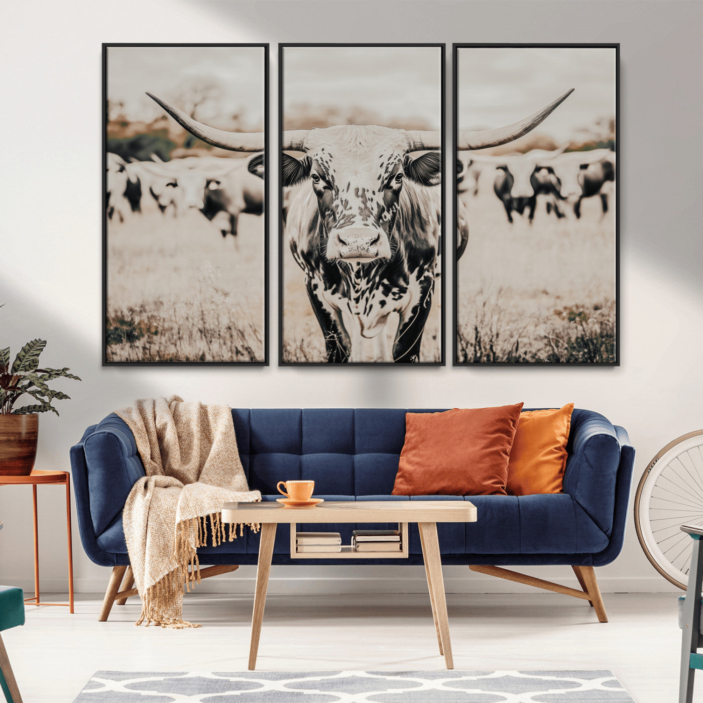 27497342-MGV-CV-36X24-Texas Longhorn Wall Art Canvas Print – Framed Speckled Bull Horned Cattle Rustic Western Artwork for Home Office