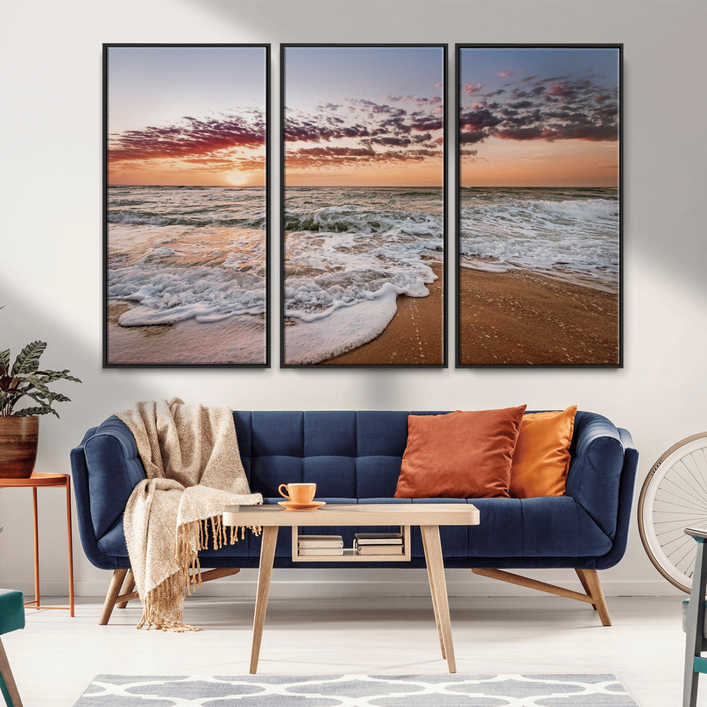 39846389-MGV-CV-36X24-Ocean Sunset Wall Art Canvas Print – Framed Sandy Shore Gentle Waves Coastal Landscape Minimalist Artwork for Home, Office
