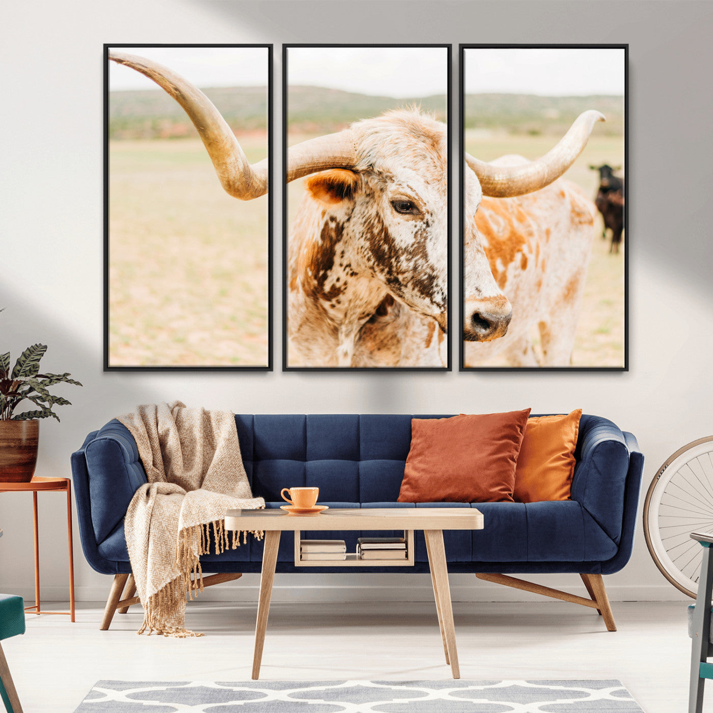 -Texas Longhorn Wall Art Canvas Print, Framed Spotted Cow Art Picture Print, Horned Cattle Perfect Rustic Western Decor Artwork