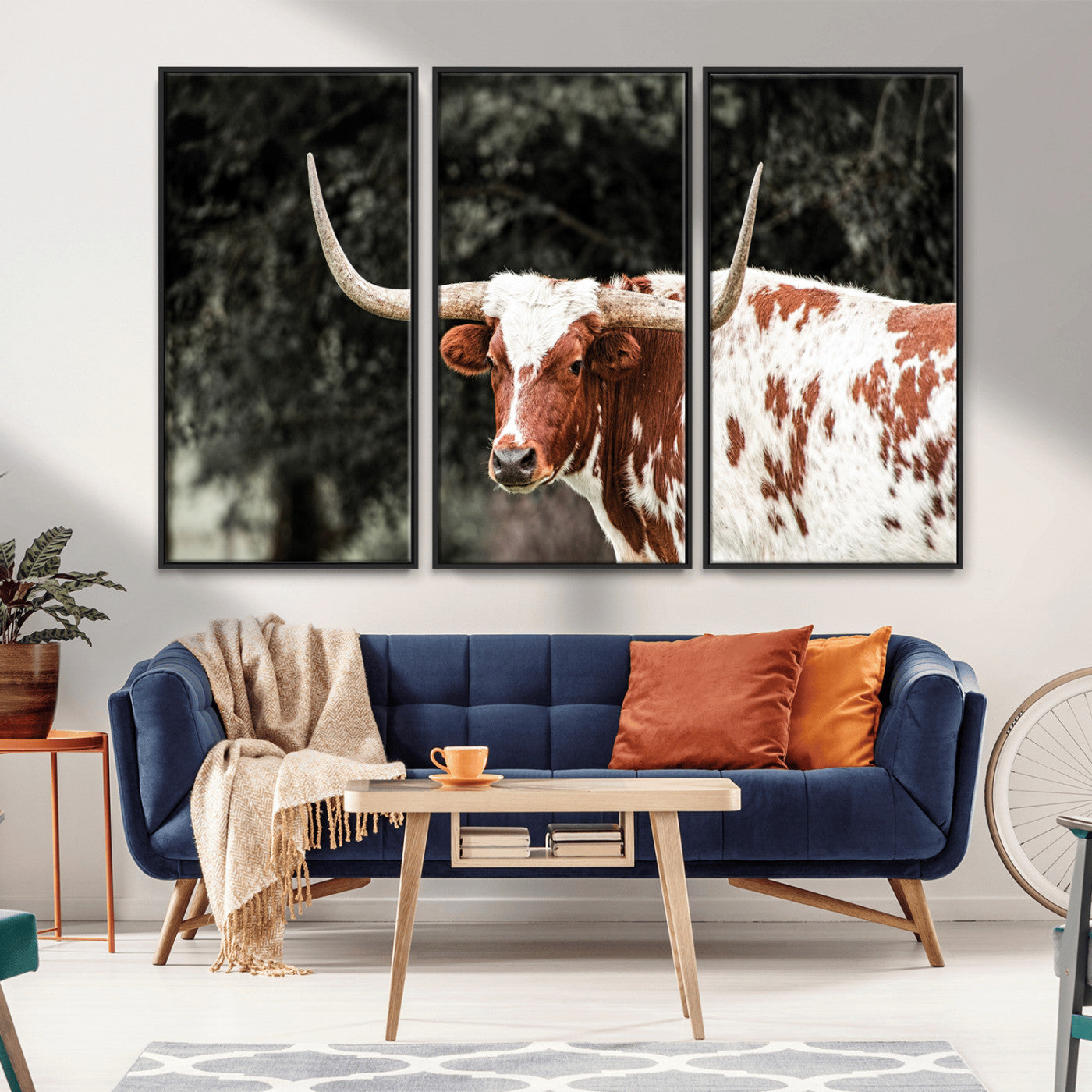 -Texas Longhorn Wall Art Canvas Print, Framed Spotted Cow Art Picture Print, Horned Bull Perfect Rustic Western Decor Artwork