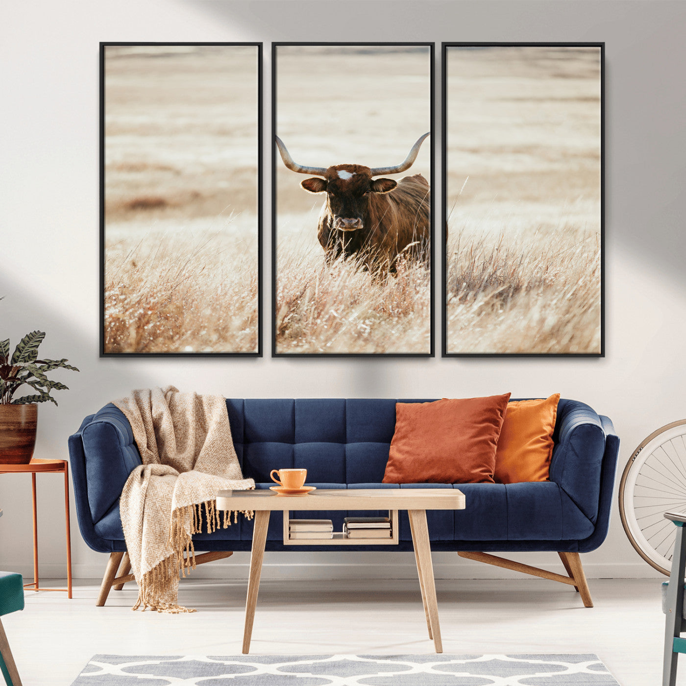 -Texas Longhorn Wall Art Canvas Print, Framed Brown Cattle Art Picture Print, Horned Bull Perfect Rustic Western Decor Artwork