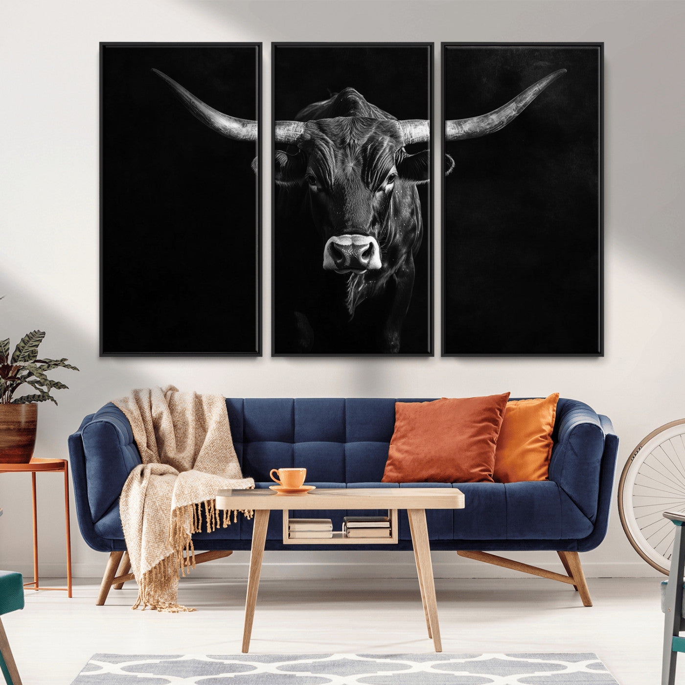 -Texas Longhorn Wall Art Canvas Print, Framed Monochrome Bull Art Picture Print, Horned Bull Perfect Rustic Western Decor Artwork
