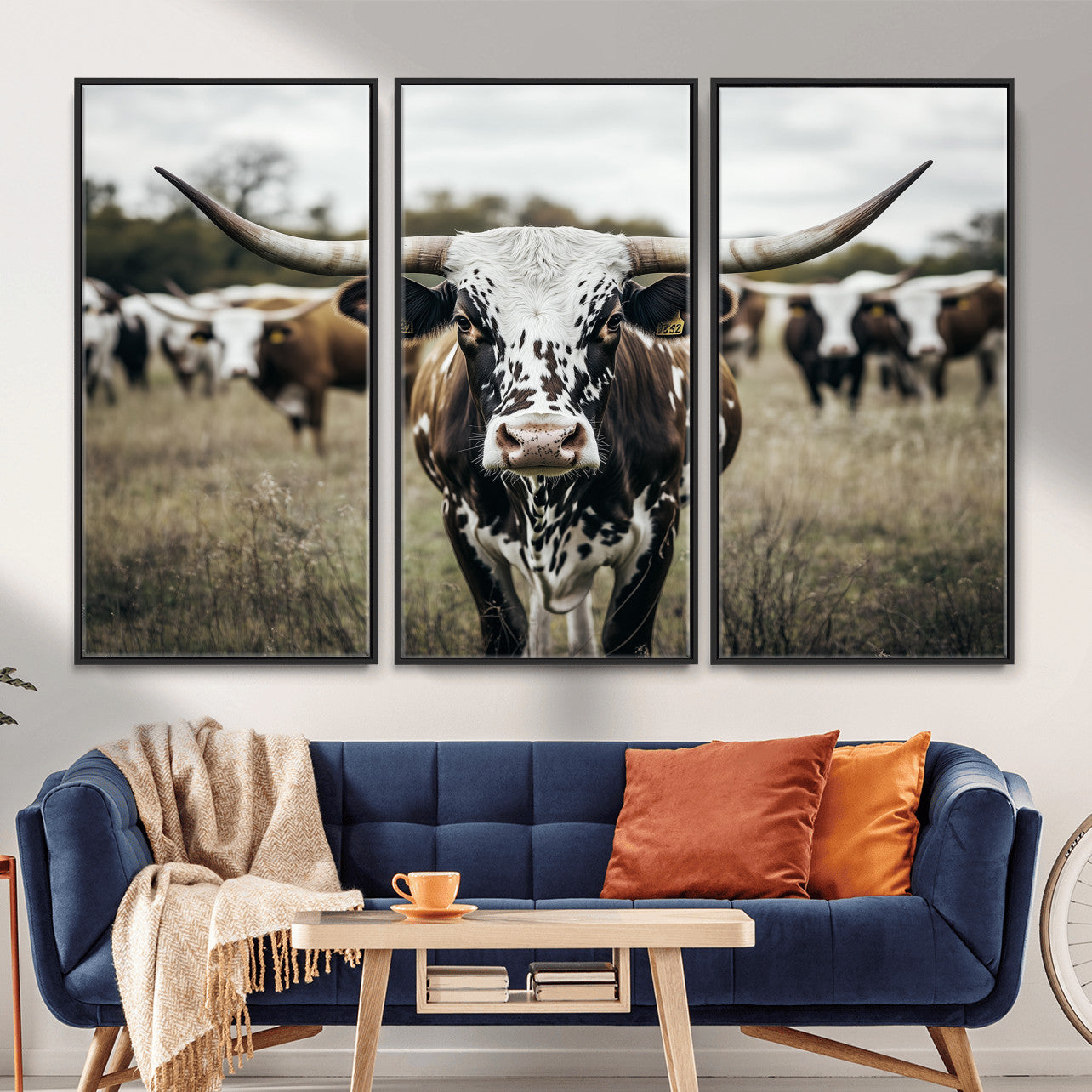 MGV-FC-48X32-3P - Majestic Longhorn Cow Wall Art – Canvas Print of Intricate Fur & Sharp Horns Earthy Tones Serene Landscape, Rustic Charm Decor for Living Room, Office or Bedroom
