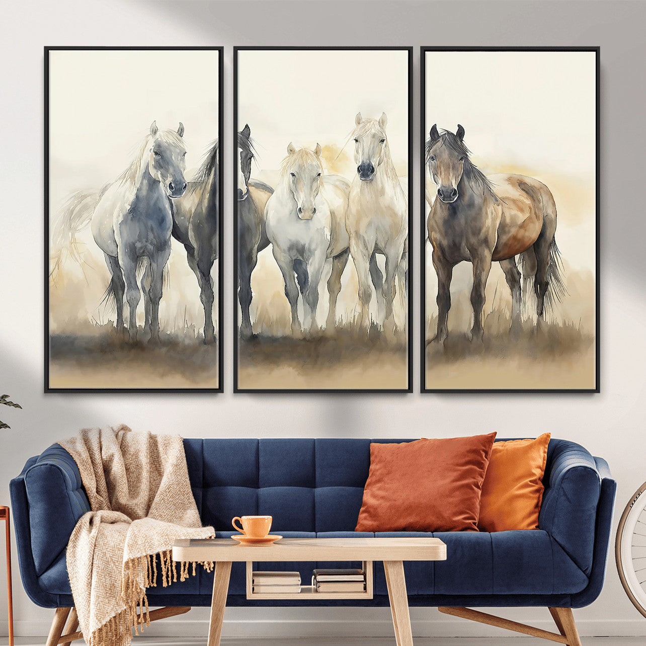 MGV-FC-48X32-3P - Wild Horses Wall Art Canvas Print, Framed Running Horses Art Picture Print, Watercolor Horses Perfect Rustic Western Decor Artwork