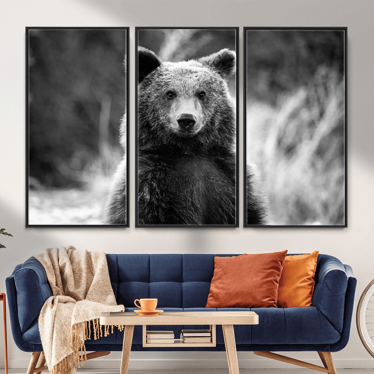 55656803-MGV-CV-36X24-Grizzly Bear Wall Art Canvas Print – Framed Black White Wildlife Rustic Nature Artwork for Home, Office Decor
