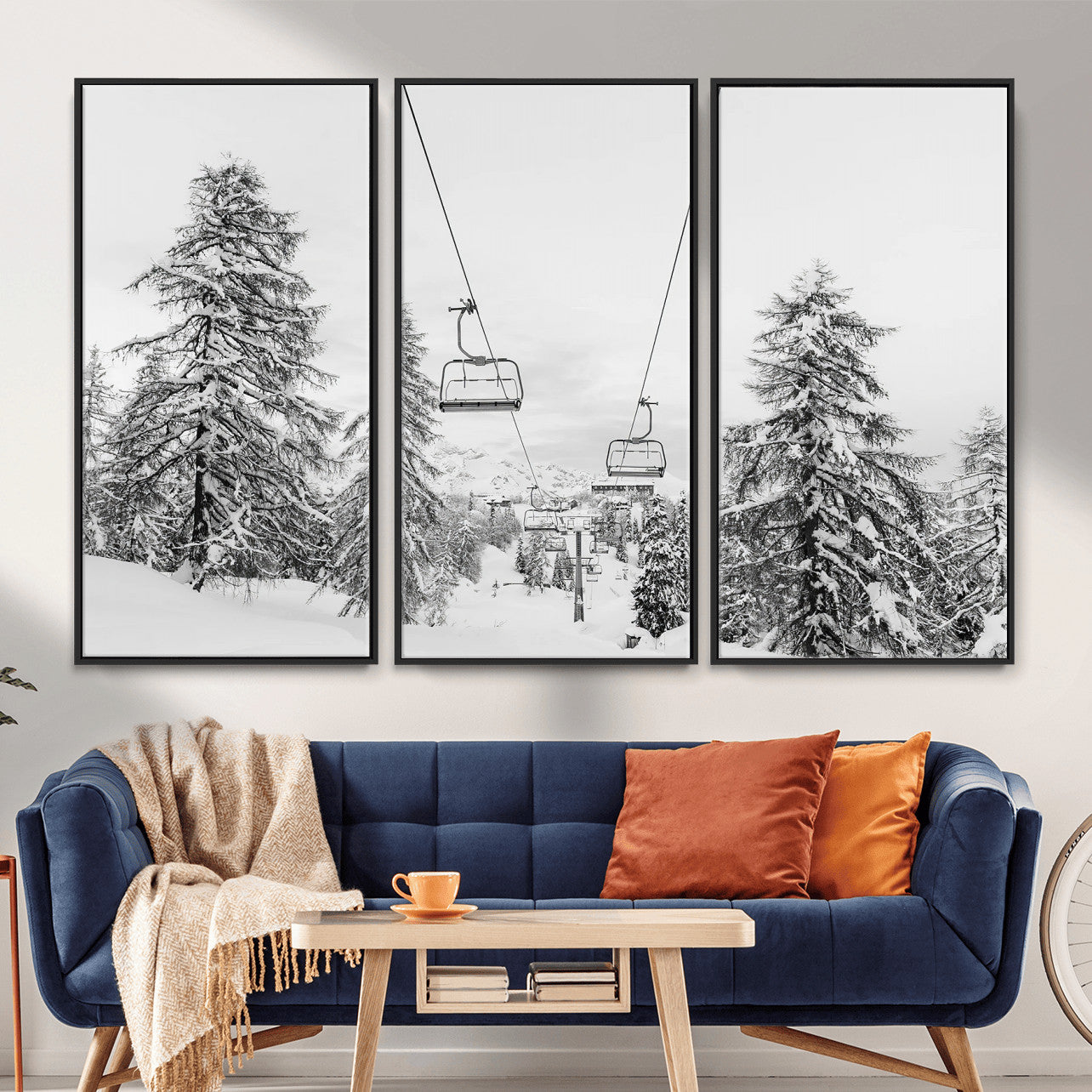 55003599-MGV-CV-36X24 - Snowy Ski Lift Wall Art – Framed Winter Forest Canvas Artwork, Peaceful Mountain Design, Modern Nature Decor for Home, Office