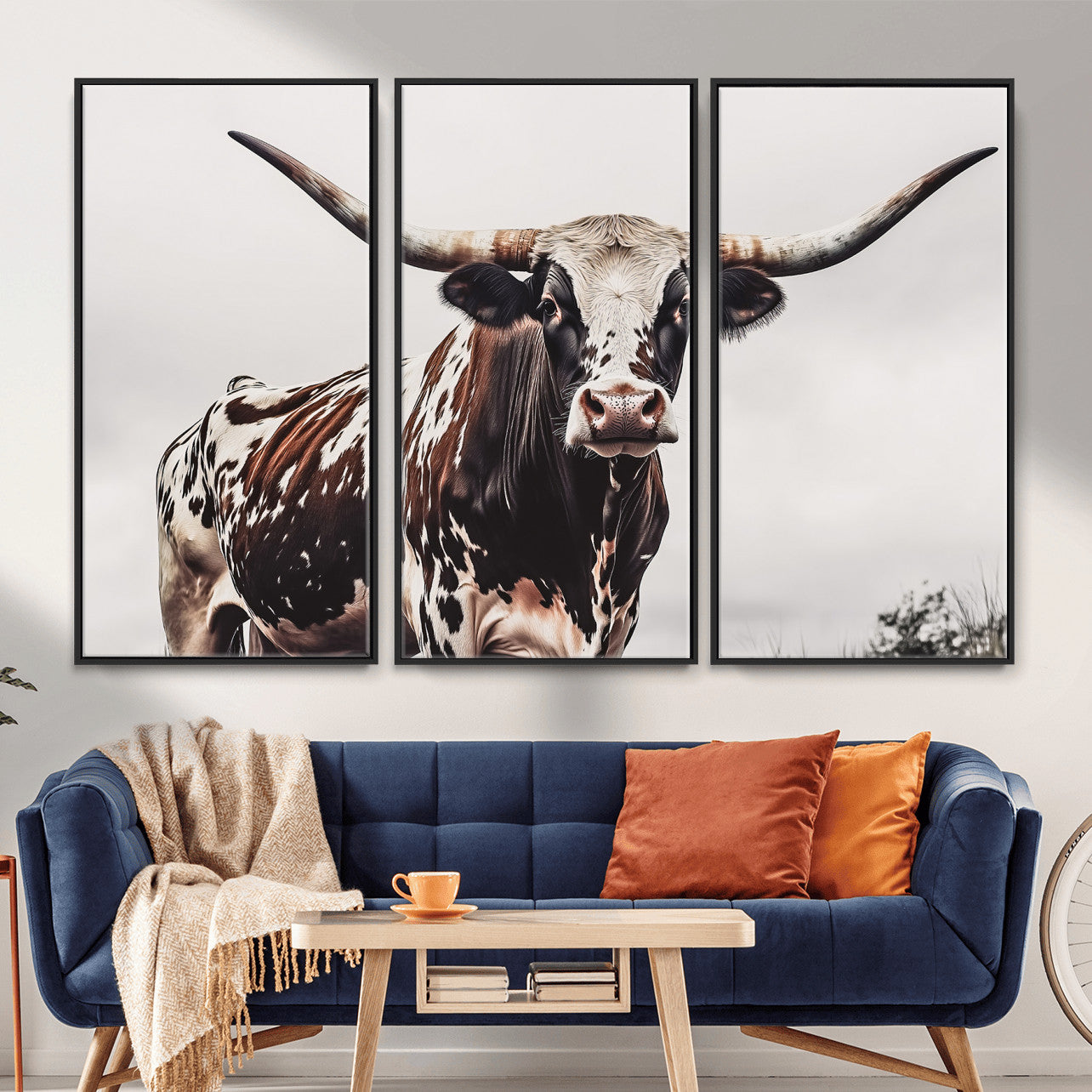 MGV-FC-48X32-3P - Texas Longhorn Wall Art Canvas Print, Framed Spotted Bull Art Picture Print, Horned Cattle Perfect Rustic Farmhouse Decor Artwork