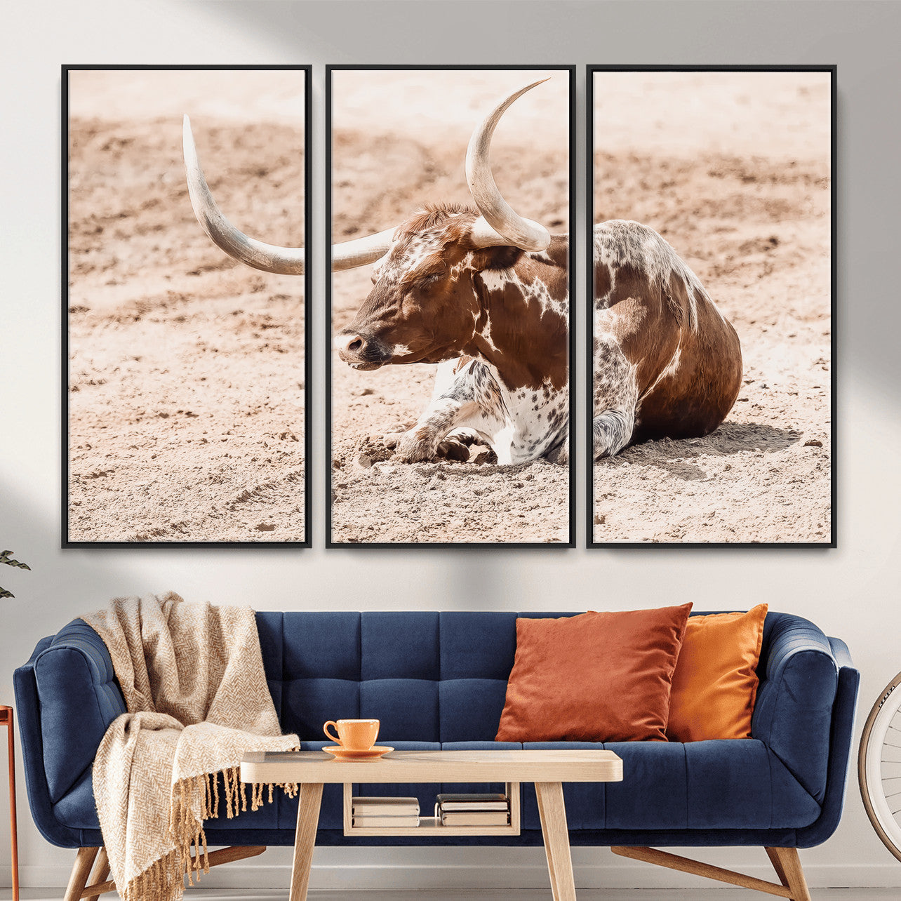 91248682-MGV-CV-36X24-Texas Longhorn Wall Art Canvas Print – Framed Resting Bull Scene with Spotted Cattle Artwork for Home, Office